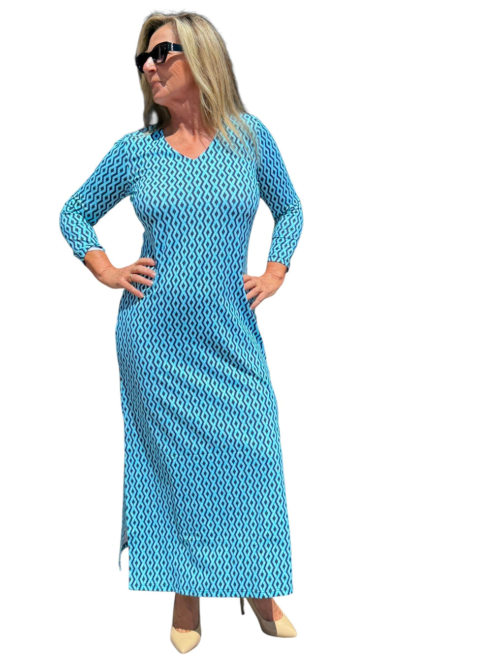 Maxi Elbow - Sleeve Dress with UPF50+ Nautical Ropes Turquoise - Back of the Bay Boutique