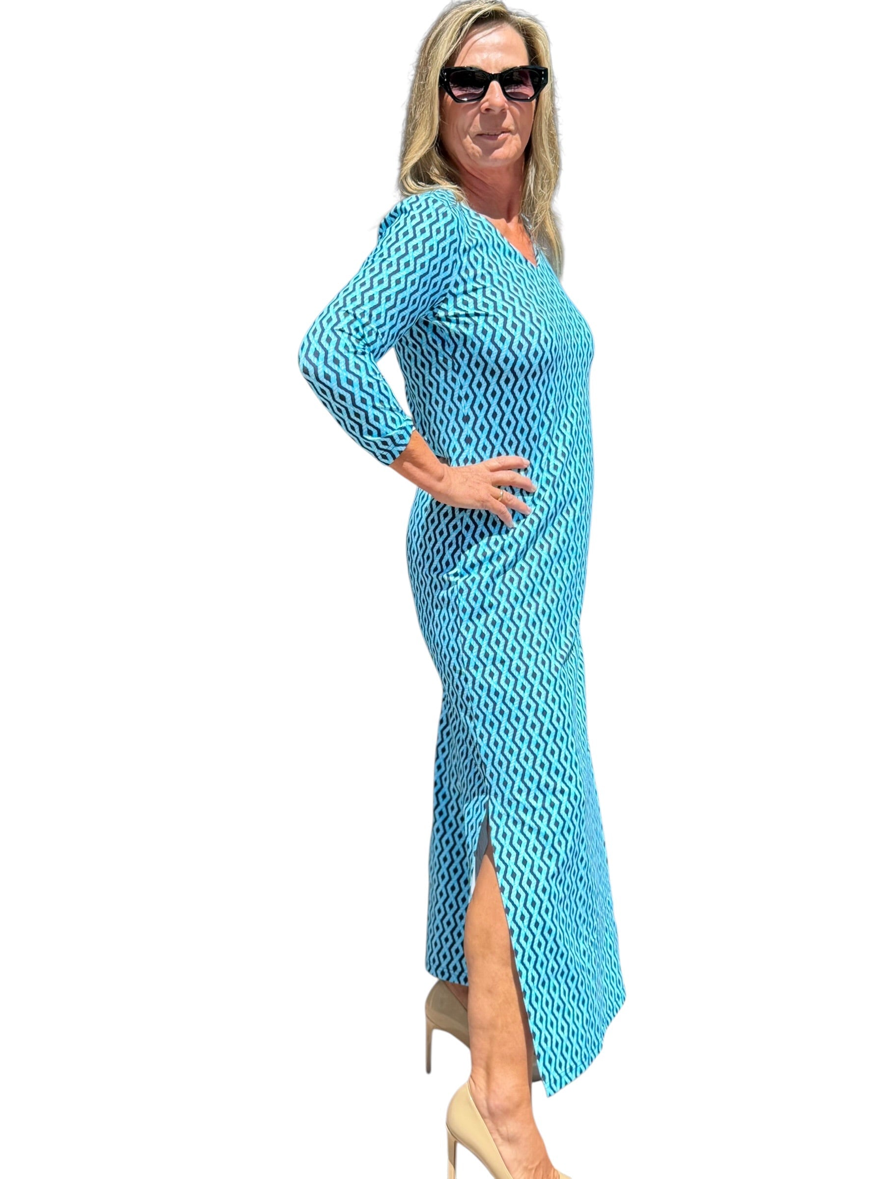 Maxi Elbow - Sleeve Dress with UPF50+ Nautical Ropes Turquoise - Back of the Bay Boutique