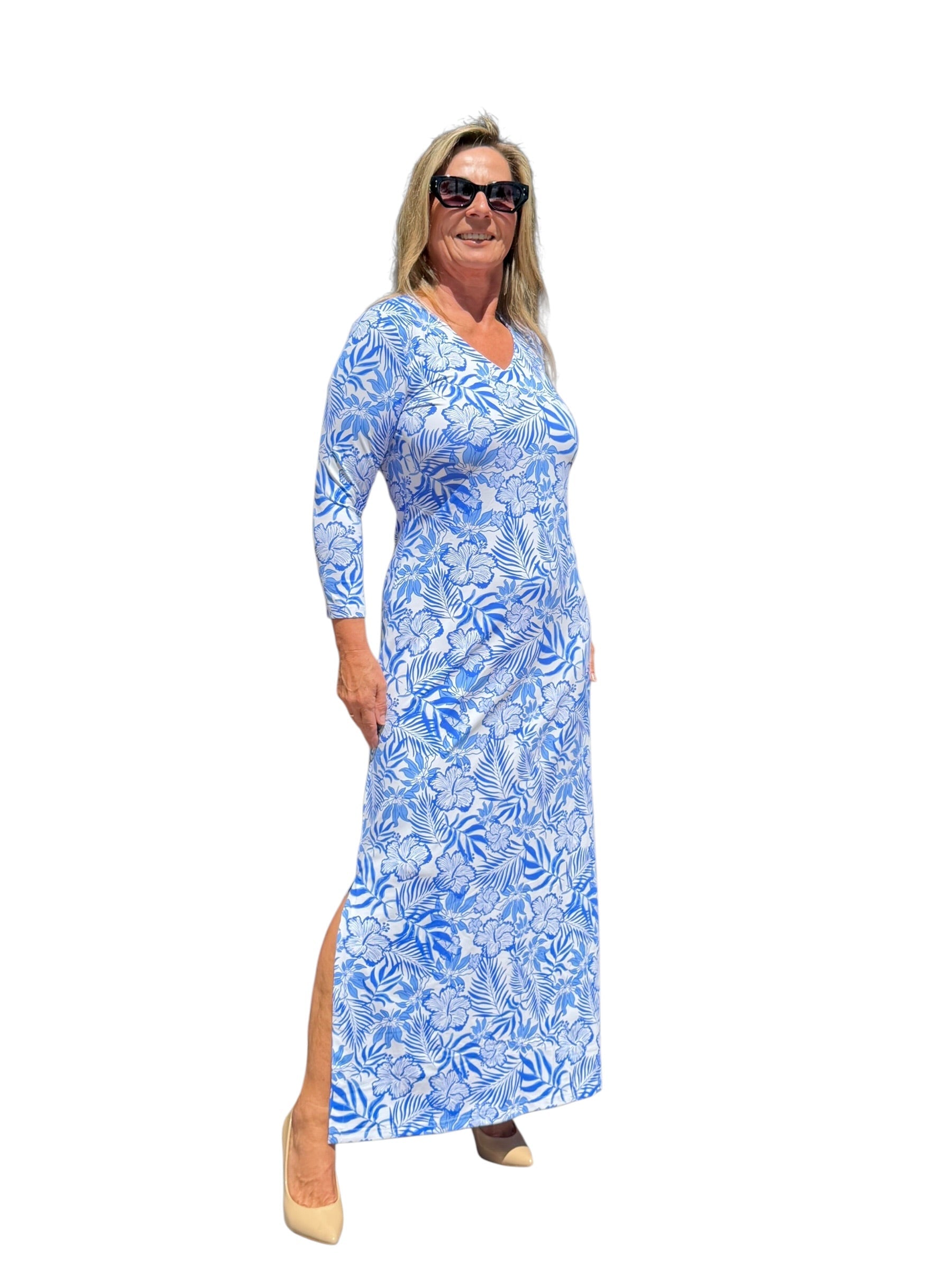 Maxi Elbow - Sleeve Dress with UPF50+ Summer Breeze Blue - Back of the Bay Boutique