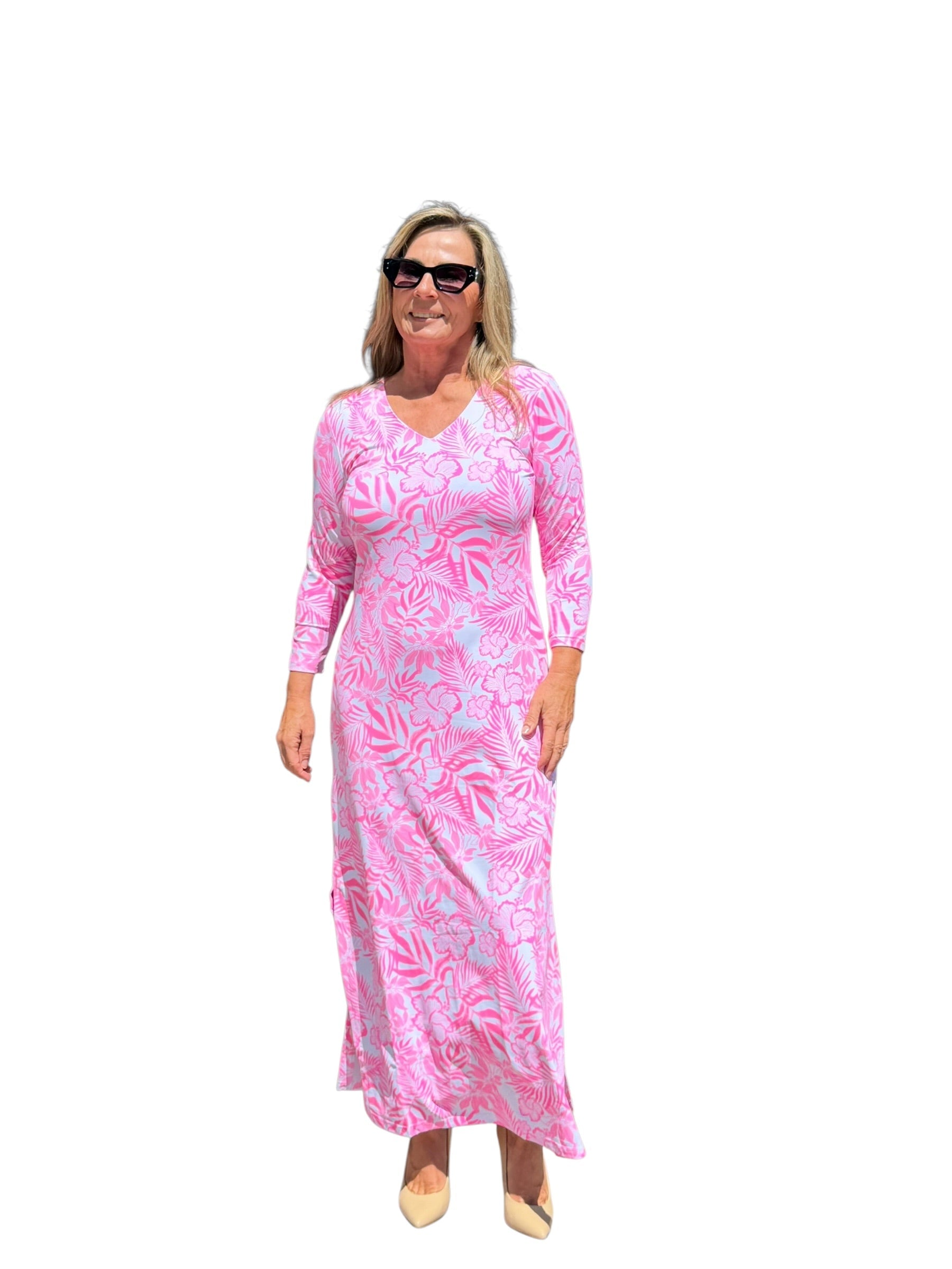 Maxi Elbow - Sleeve Dress with UPF50+ Summer Breeze Pink - Back of the Bay Boutique