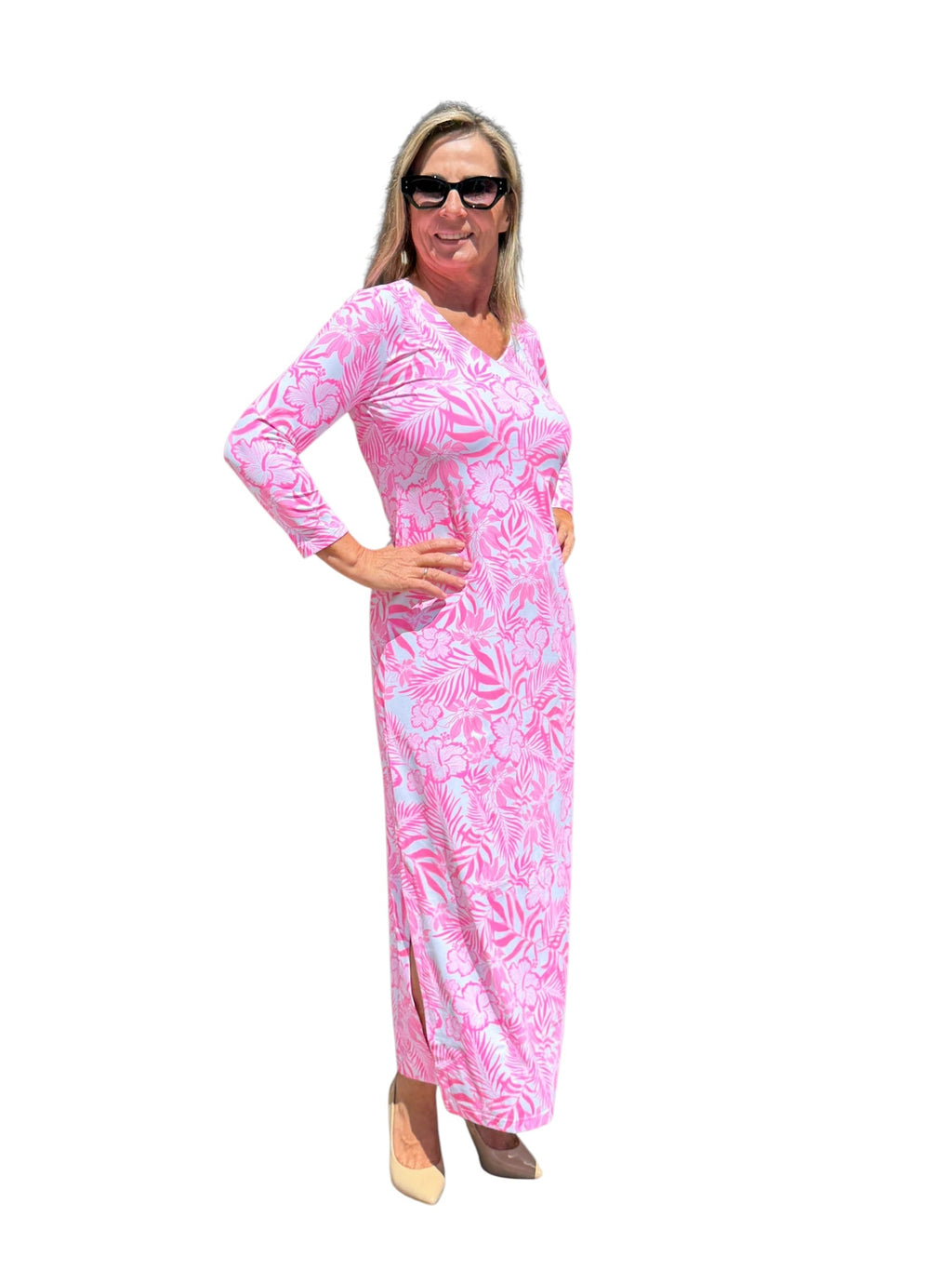 Maxi Elbow - Sleeve Dress with UPF50+ Summer Breeze Pink - Back of the Bay Boutique