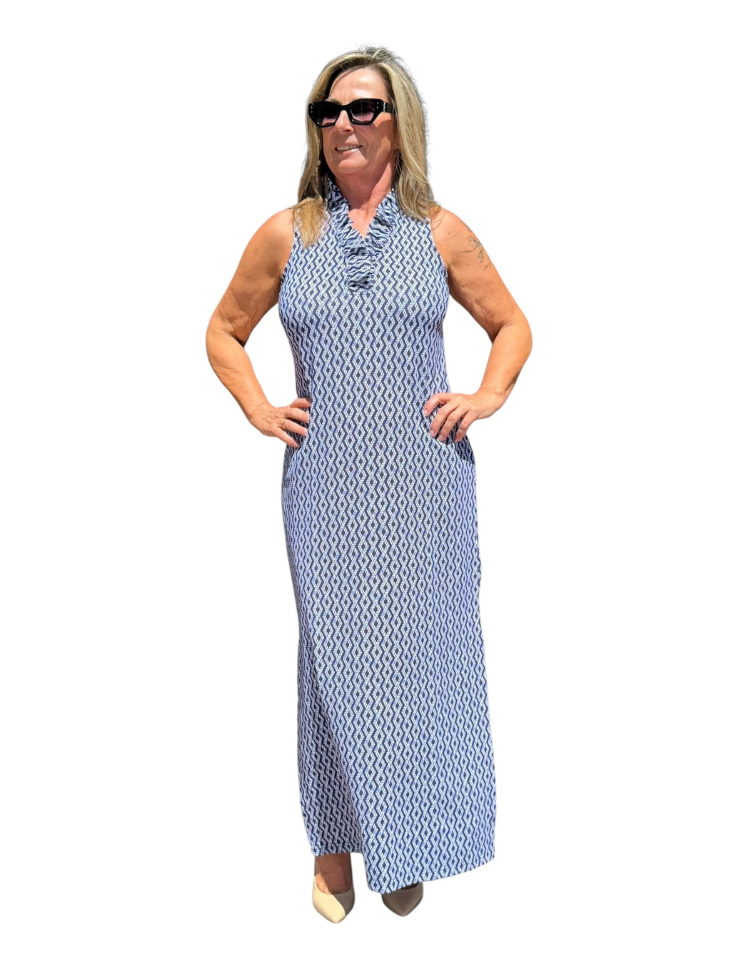 Ruffle - Neck Maxi Dress with UPF50+ Nautical Ropes Navy - Back of the Bay Boutique
