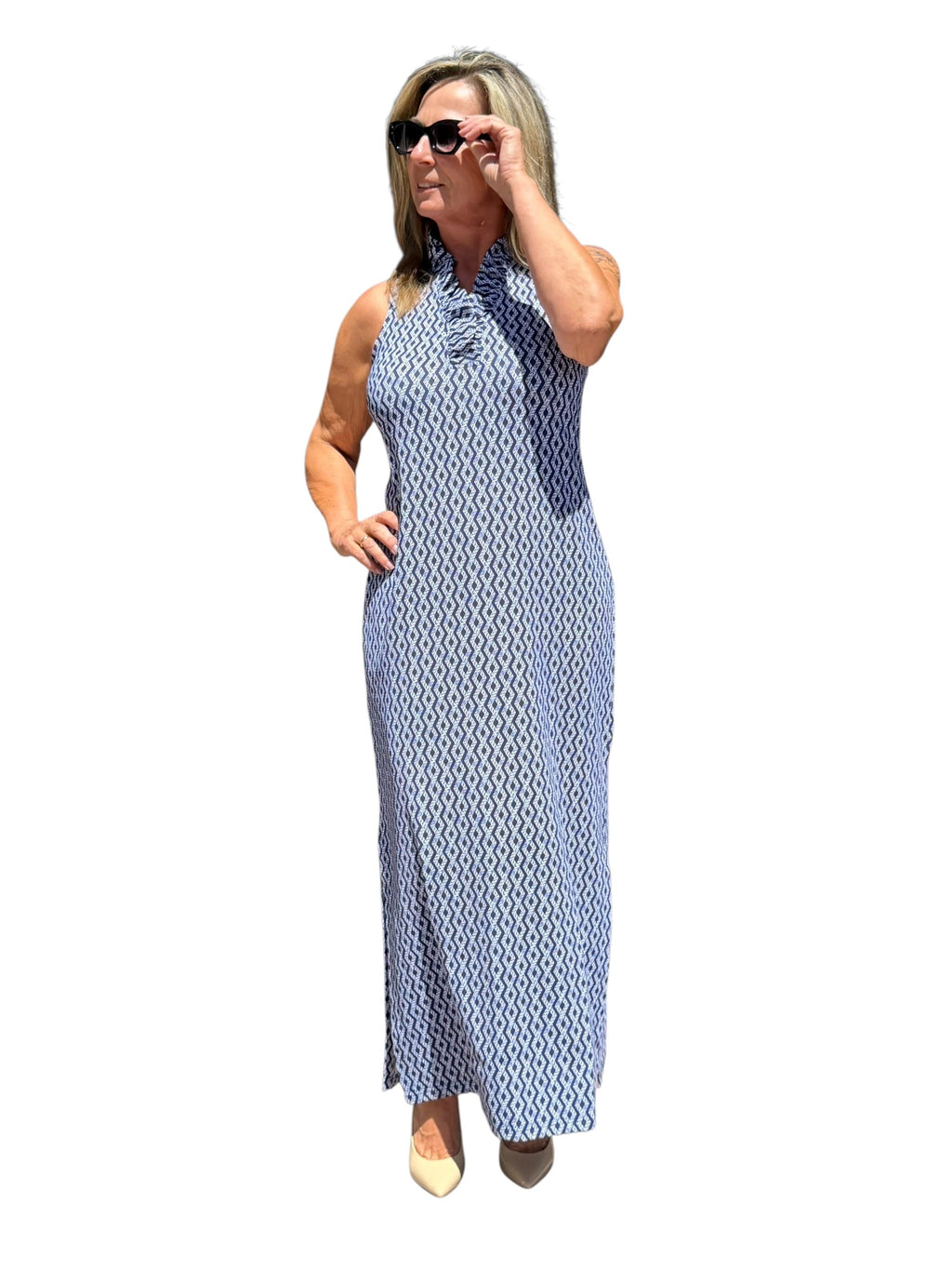 Ruffle - Neck Maxi Dress with UPF50+ Nautical Ropes Navy - Back of the Bay Boutique