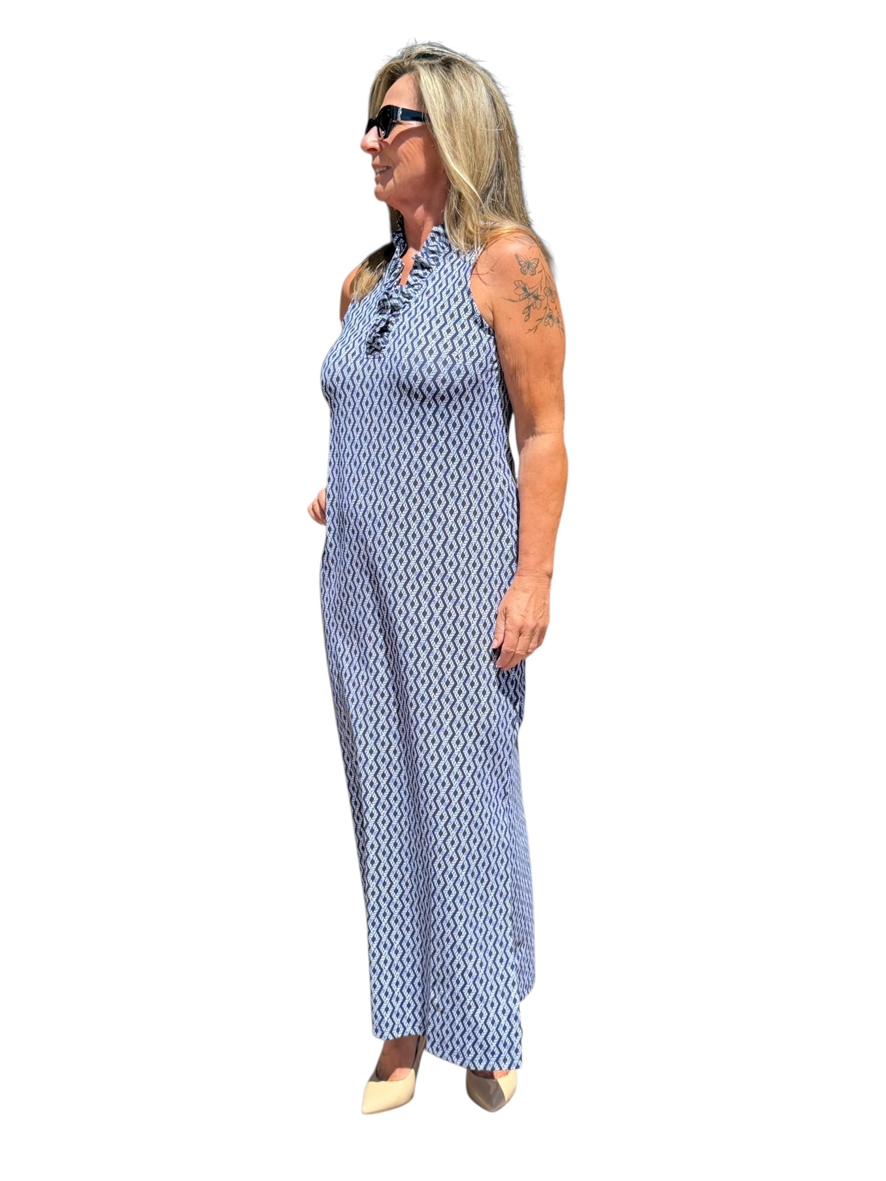 Ruffle - Neck Maxi Dress with UPF50+ Nautical Ropes Navy - Back of the Bay Boutique