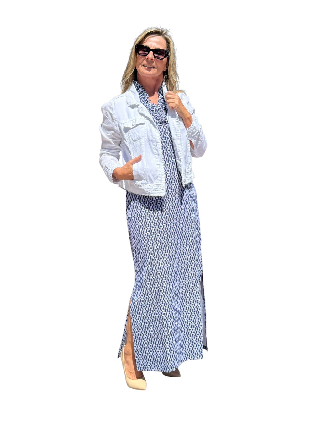 Ruffle - Neck Maxi Dress with UPF50+ Nautical Ropes Navy - Back of the Bay Boutique