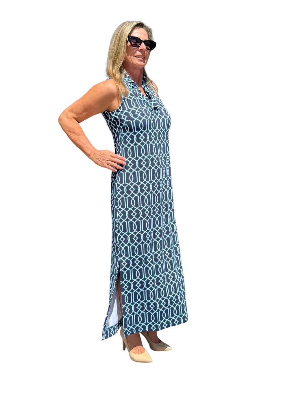 Ruffle - Neck Maxi Dress with UPF50+ Geometric Lines Navy - Back of the Bay Boutique