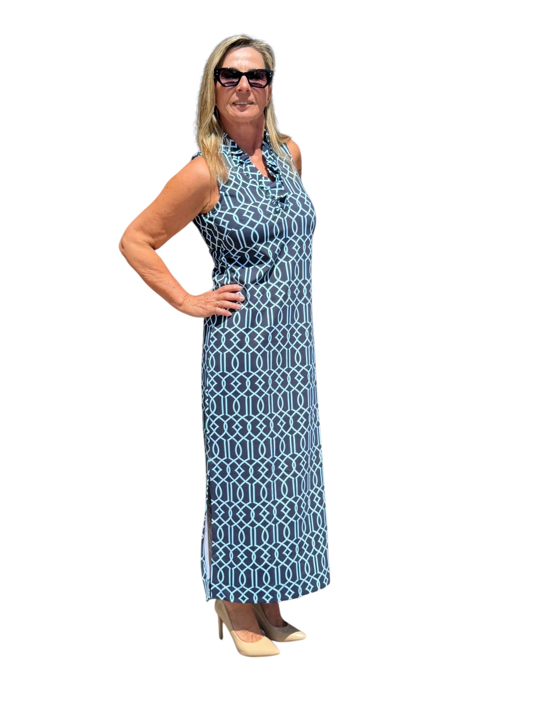 Ruffle - Neck Maxi Dress with UPF50+ Geometric Lines Navy - Back of the Bay Boutique
