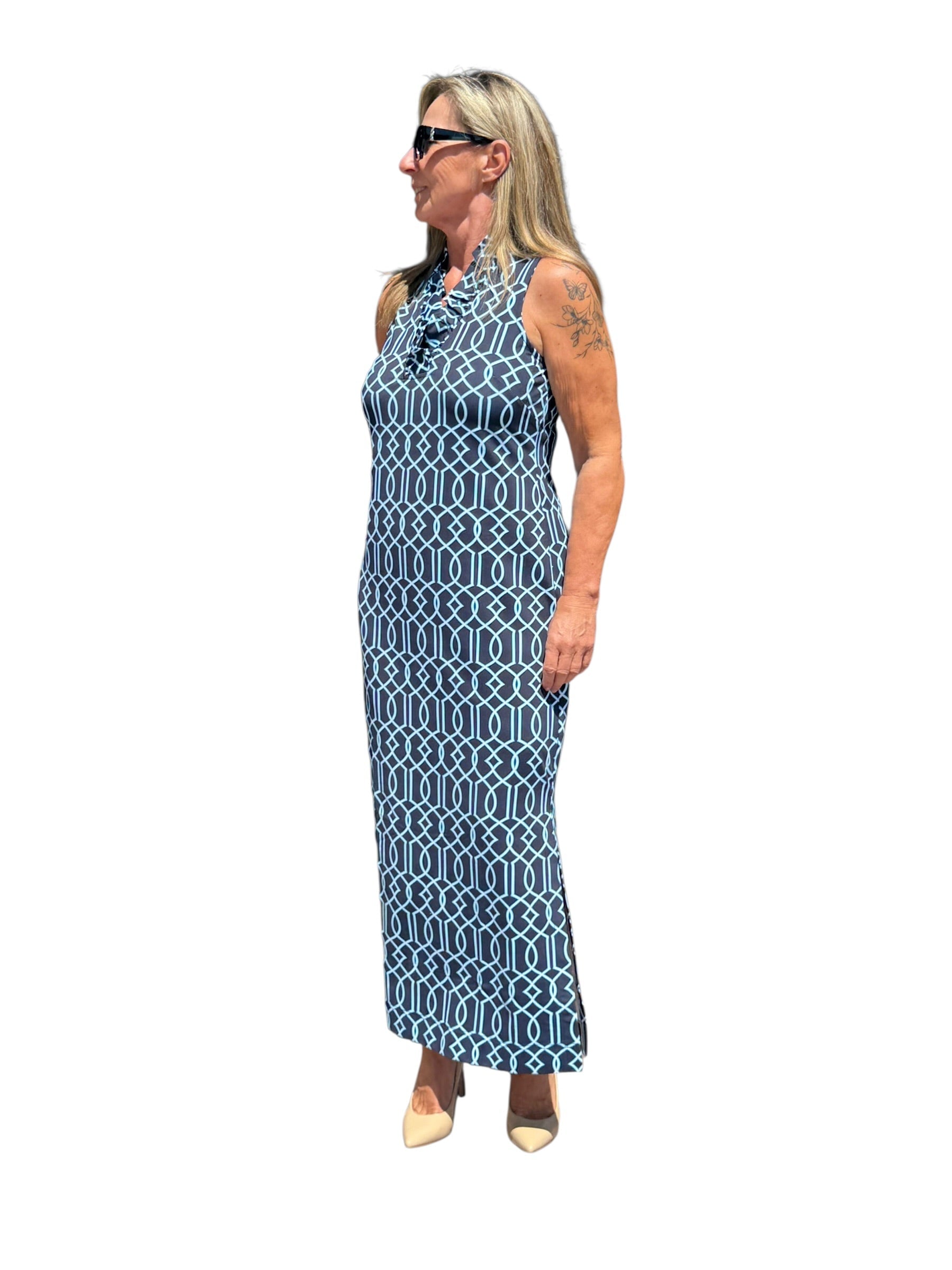 Ruffle - Neck Maxi Dress with UPF50+ Geometric Lines Navy - Back of the Bay Boutique