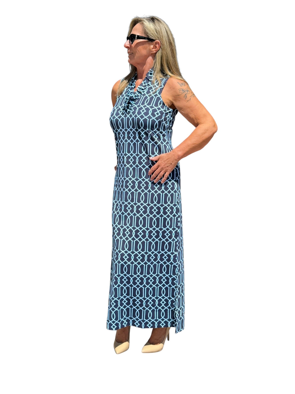 Ruffle - Neck Maxi Dress with UPF50+ Geometric Lines Navy - Back of the Bay Boutique