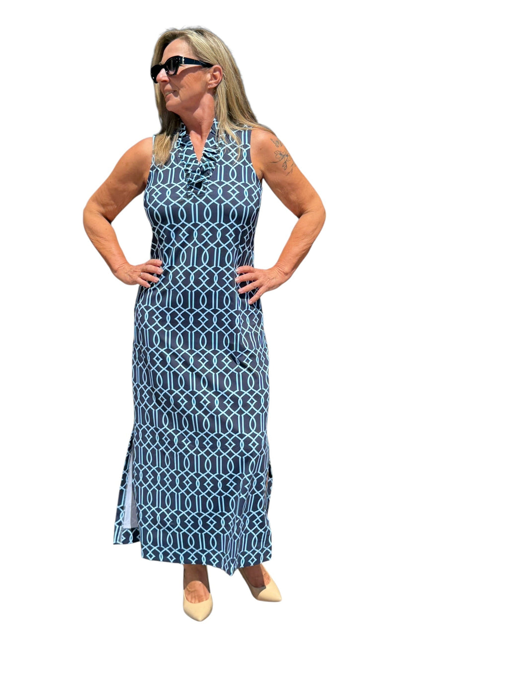 Ruffle - Neck Maxi Dress with UPF50+ Geometric Lines Navy - Back of the Bay Boutique