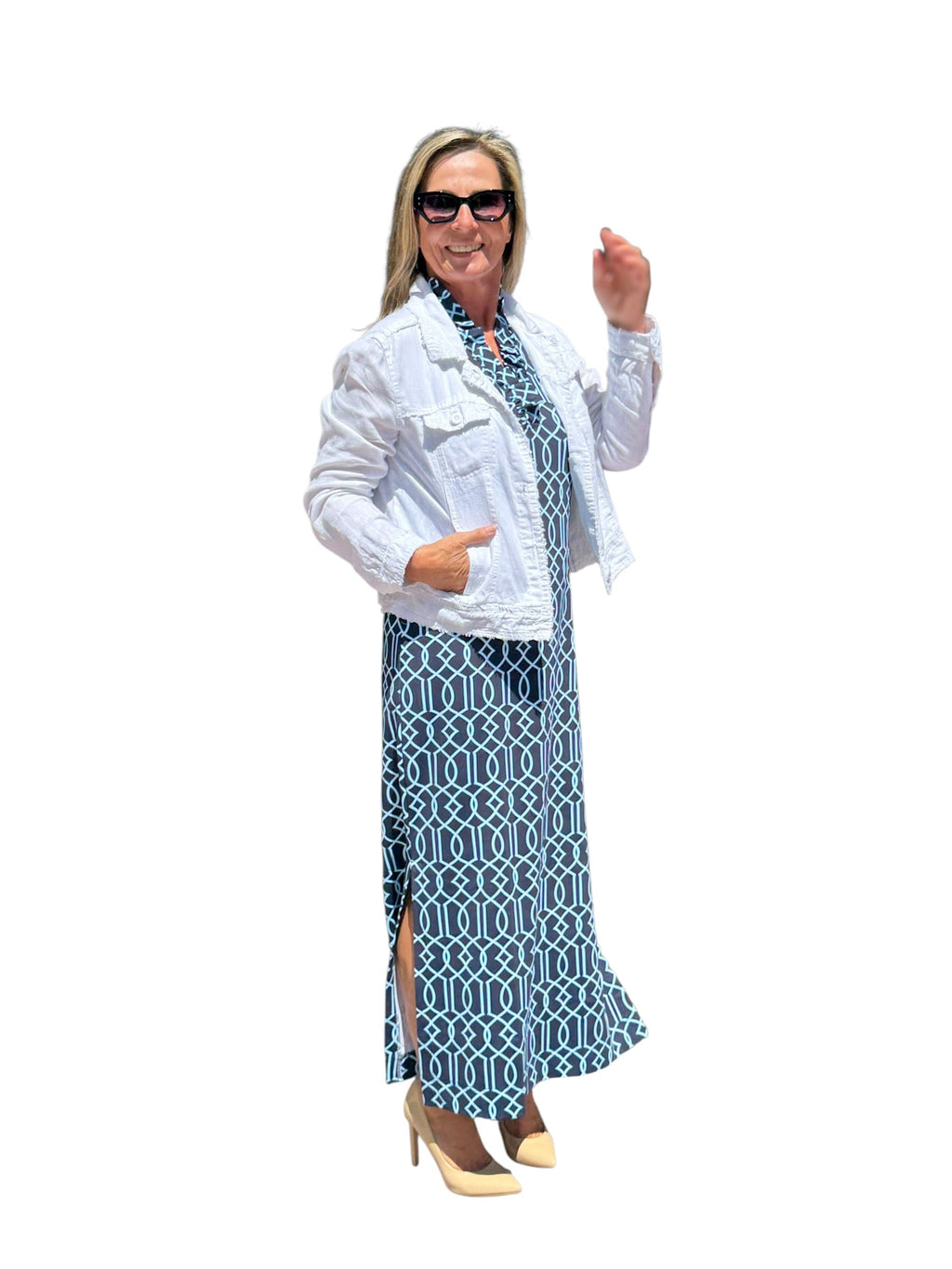 Ruffle - Neck Maxi Dress with UPF50+ Geometric Lines Navy - Back of the Bay Boutique