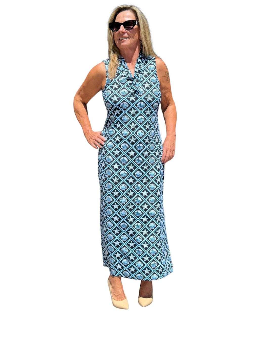 Ruffle - Neck Maxi Dress with UPF50+ Black Seashells - Back of the Bay Boutique