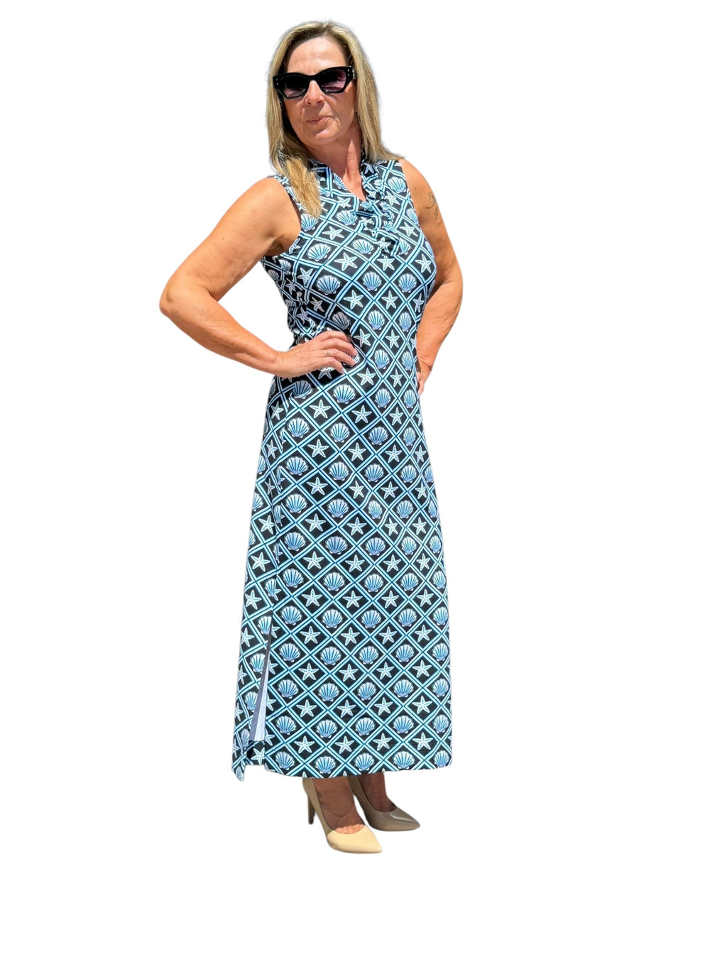 Ruffle - Neck Maxi Dress with UPF50+ Black Seashells - Back of the Bay Boutique