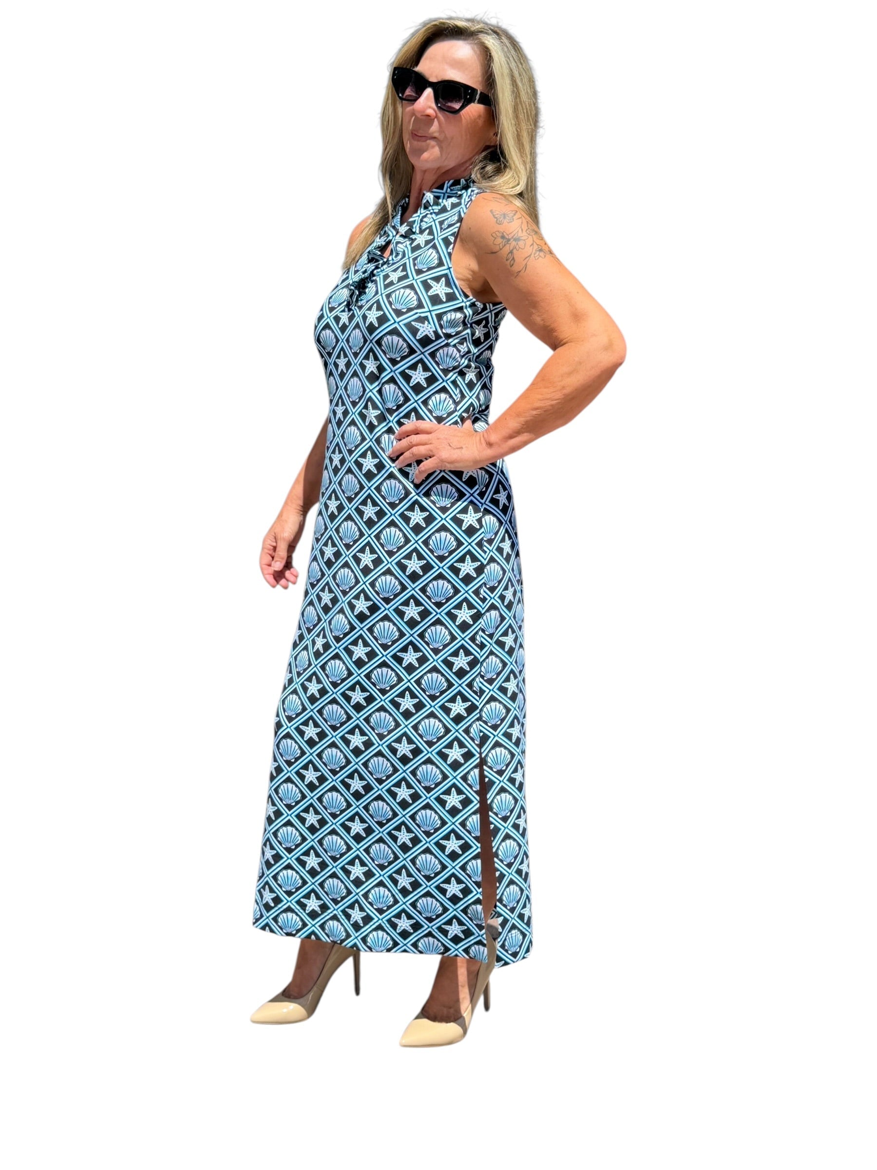 Ruffle - Neck Maxi Dress with UPF50+ Black Seashells - Back of the Bay Boutique