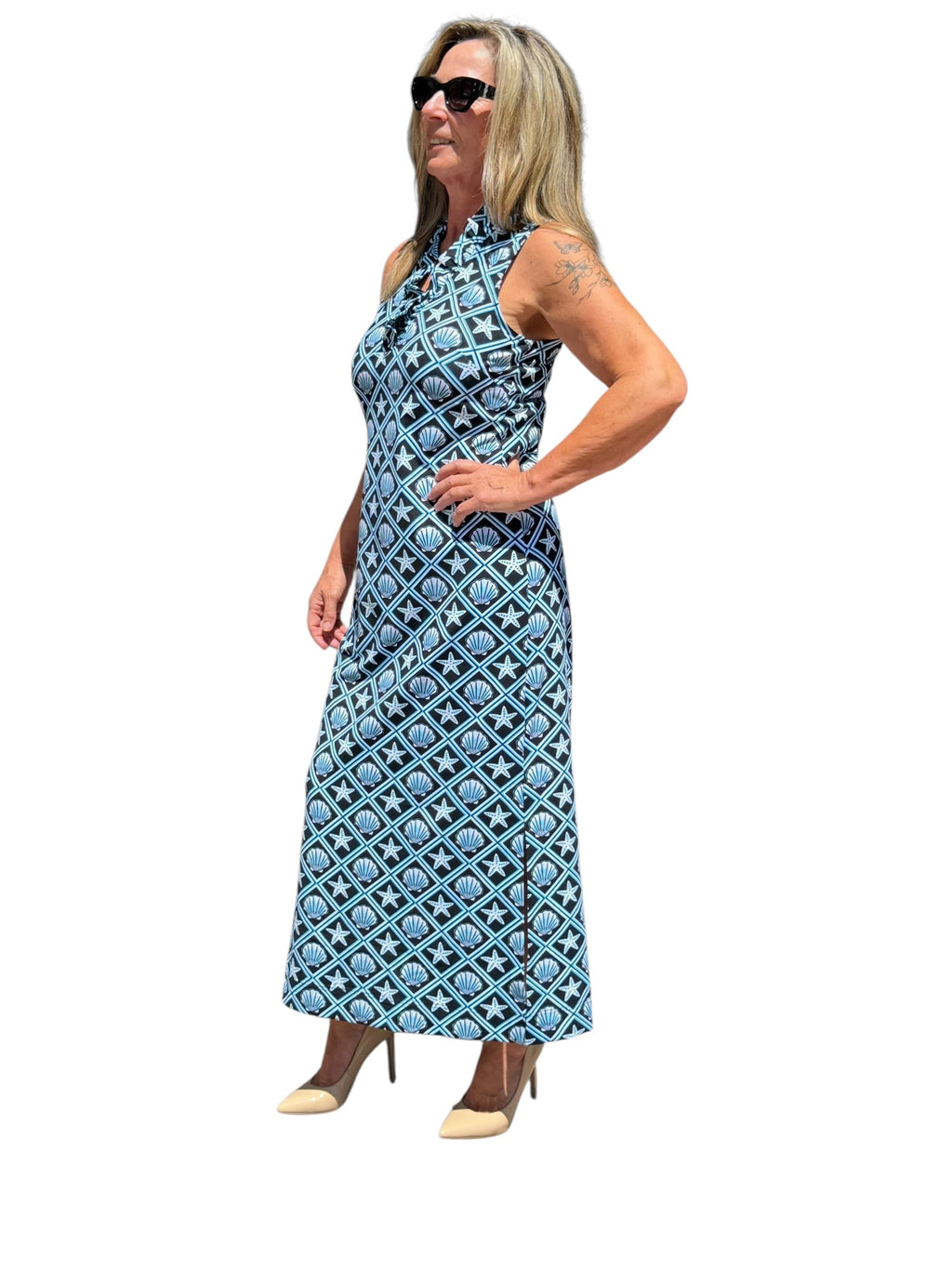Ruffle - Neck Maxi Dress with UPF50+ Black Seashells - Back of the Bay Boutique