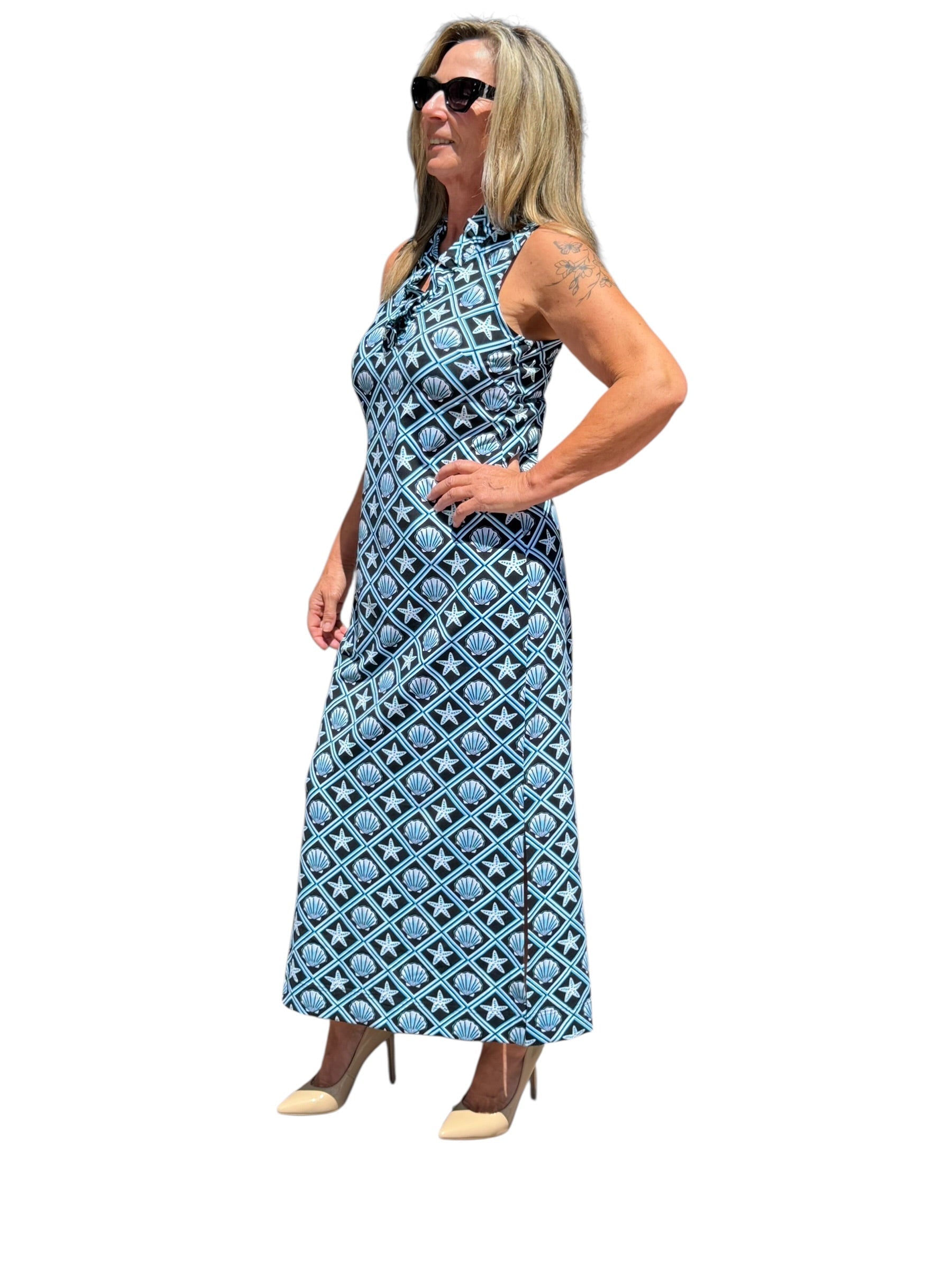 Ruffle - Neck Maxi Dress with UPF50+ Black Seashells - Back of the Bay Boutique