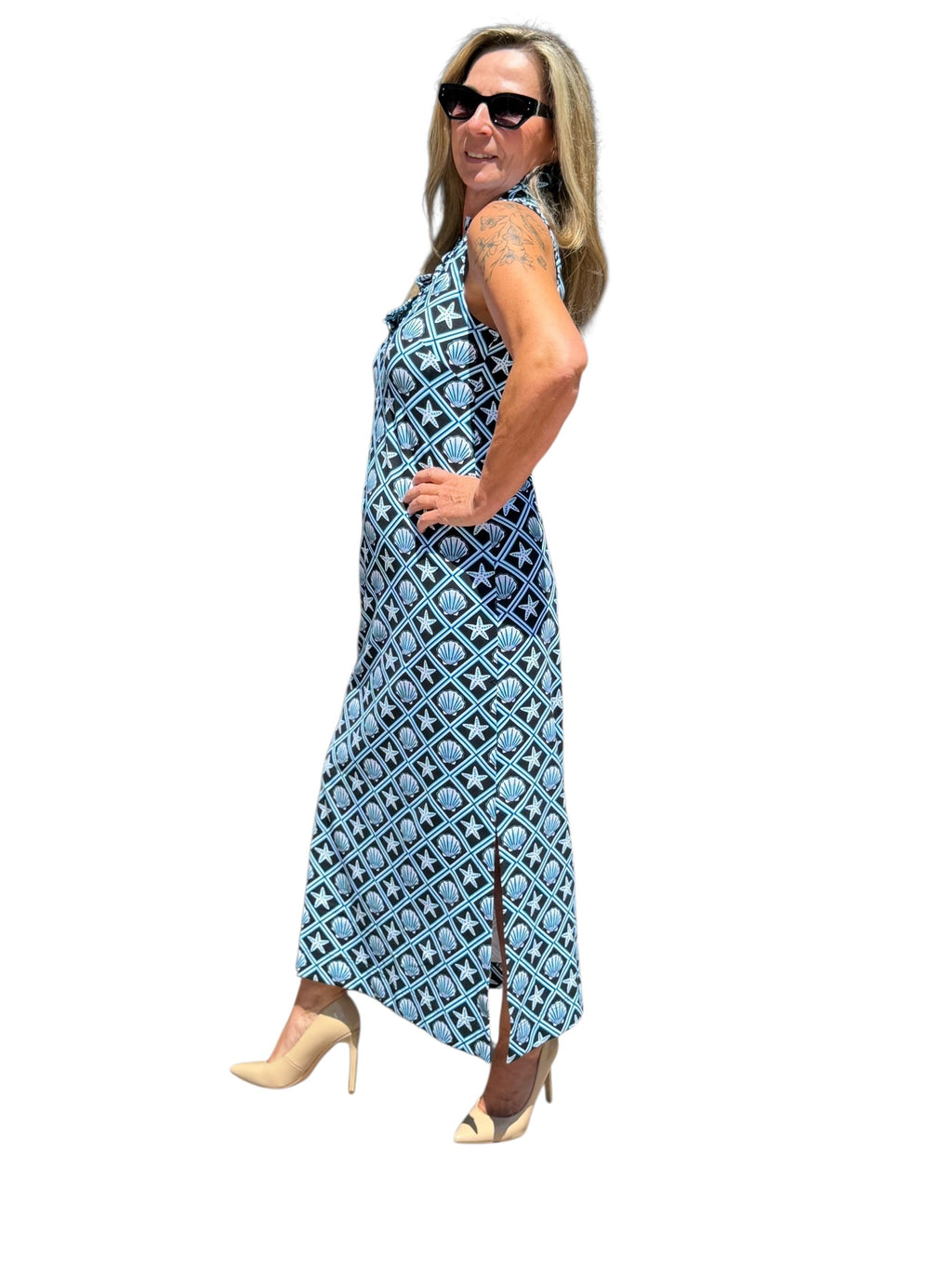 Ruffle - Neck Maxi Dress with UPF50+ Black Seashells - Back of the Bay Boutique