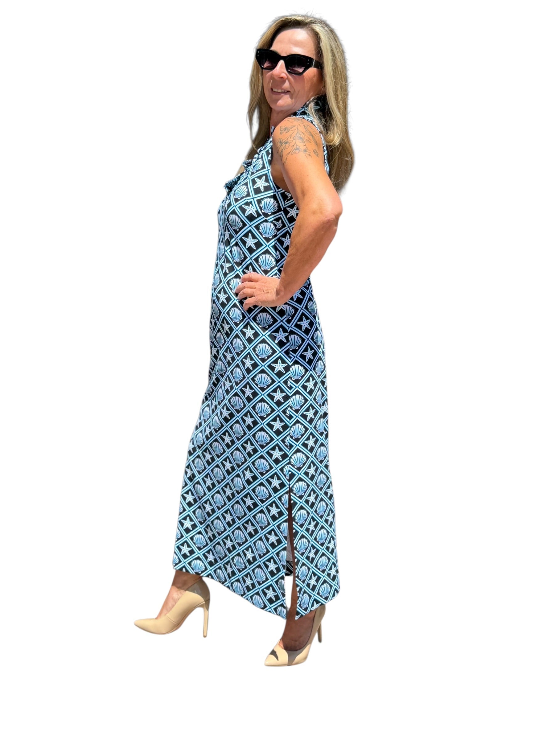 Ruffle - Neck Maxi Dress with UPF50+ Black Seashells - Back of the Bay Boutique