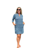 Scalloped 3/4 Sleeve Dress with UPF50+ Geometric Lines Navy - Back of the Bay Boutique