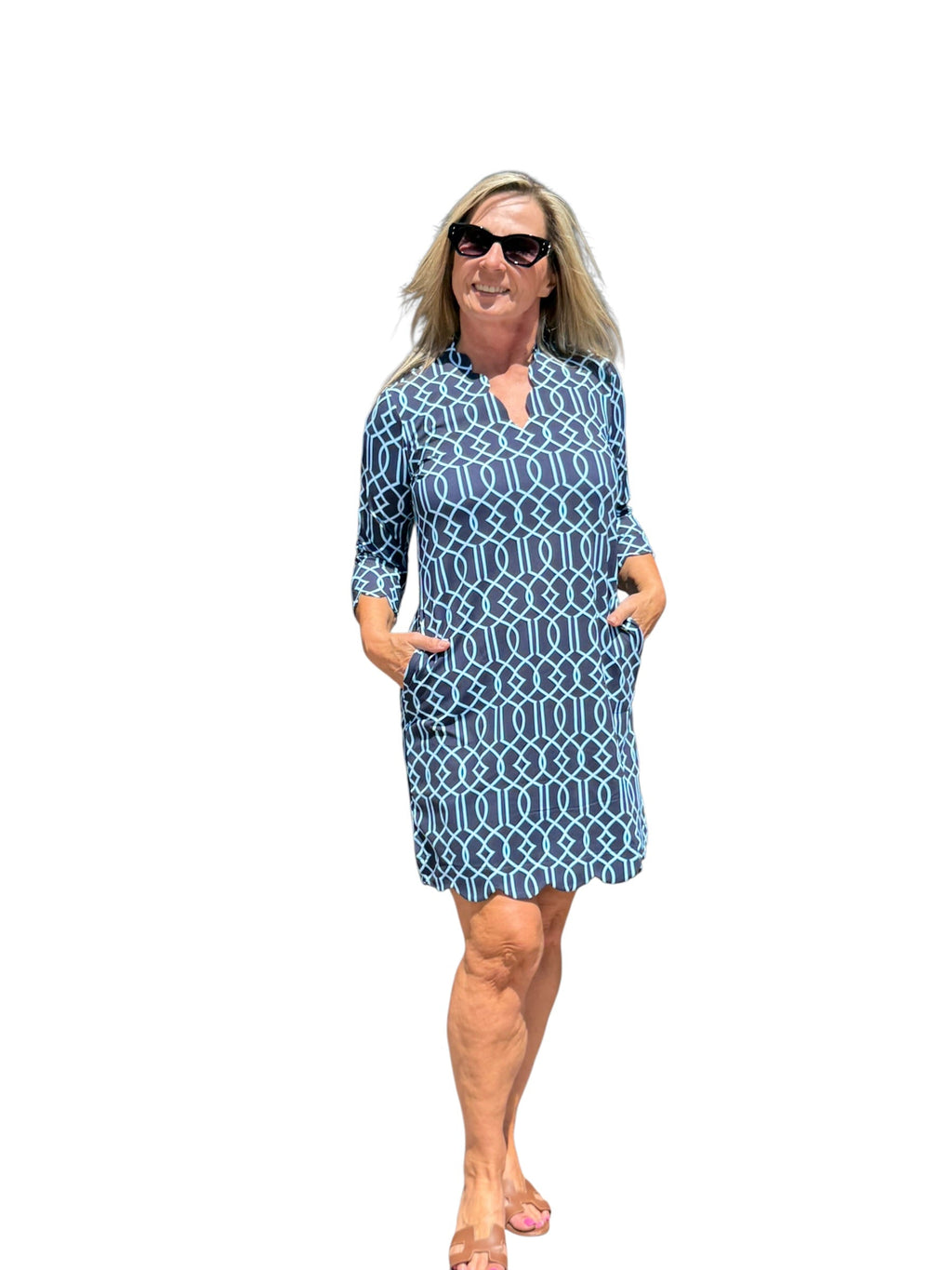 Scalloped 3/4 Sleeve Dress with UPF50+ Geometric Lines Navy - Back of the Bay Boutique