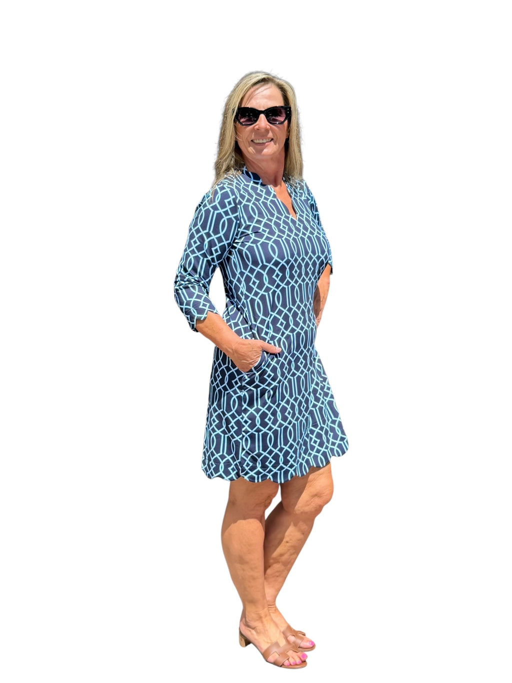 Scalloped 3/4 Sleeve Dress with UPF50+ Geometric Lines Navy - Back of the Bay Boutique