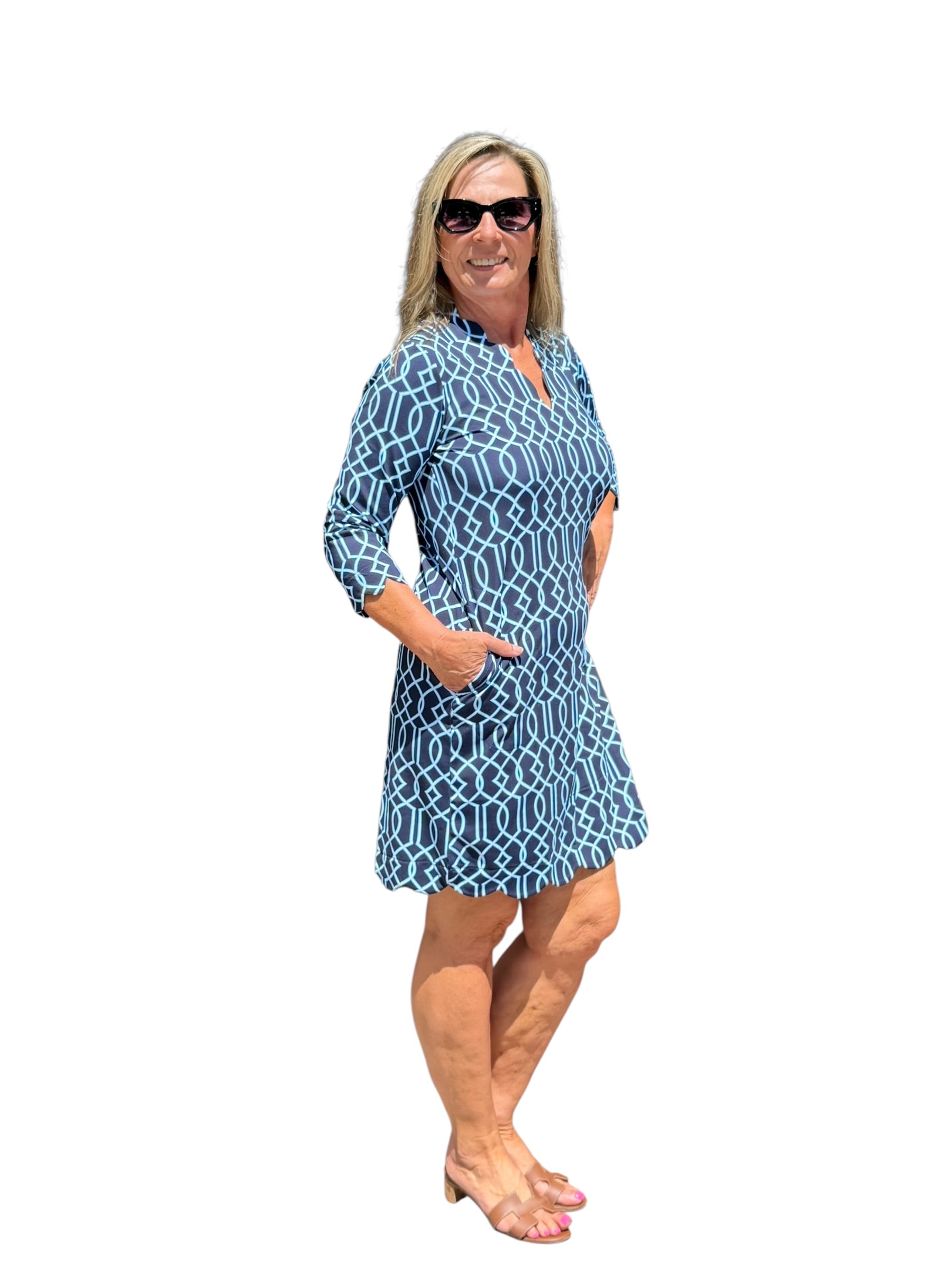 Scalloped 3/4 Sleeve Dress with UPF50+ Geometric Lines Navy - Back of the Bay Boutique