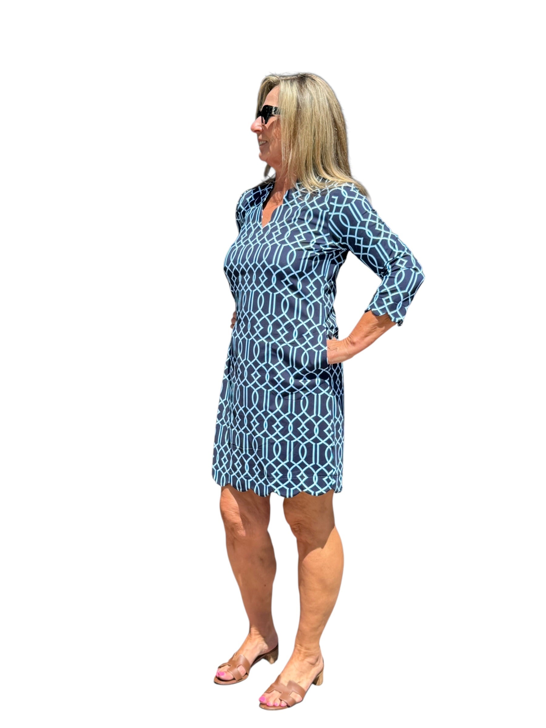 Scalloped 3/4 Sleeve Dress with UPF50+ Geometric Lines Navy - Back of the Bay Boutique