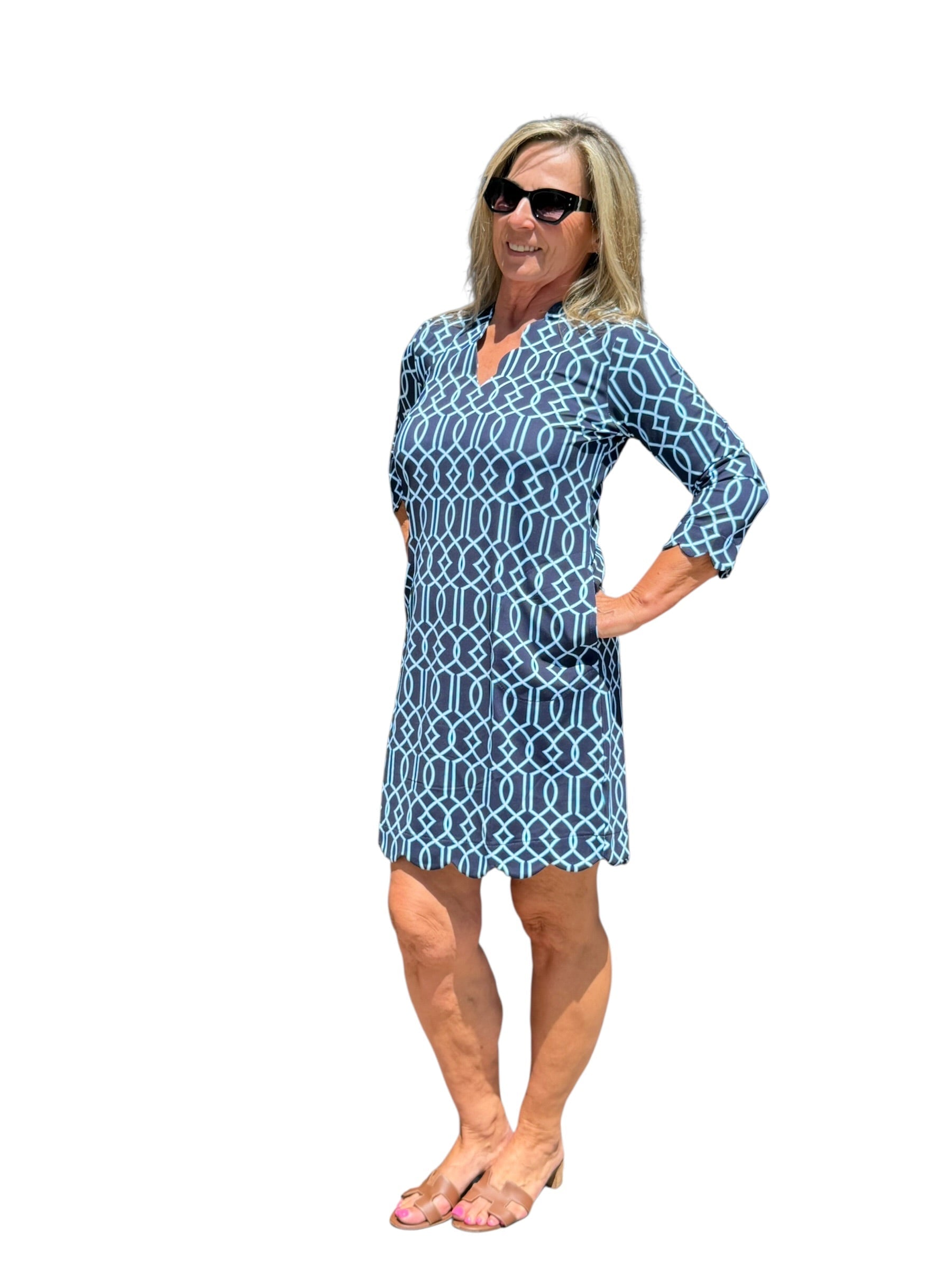 Scalloped 3/4 Sleeve Dress with UPF50+ Geometric Lines Navy - Back of the Bay Boutique