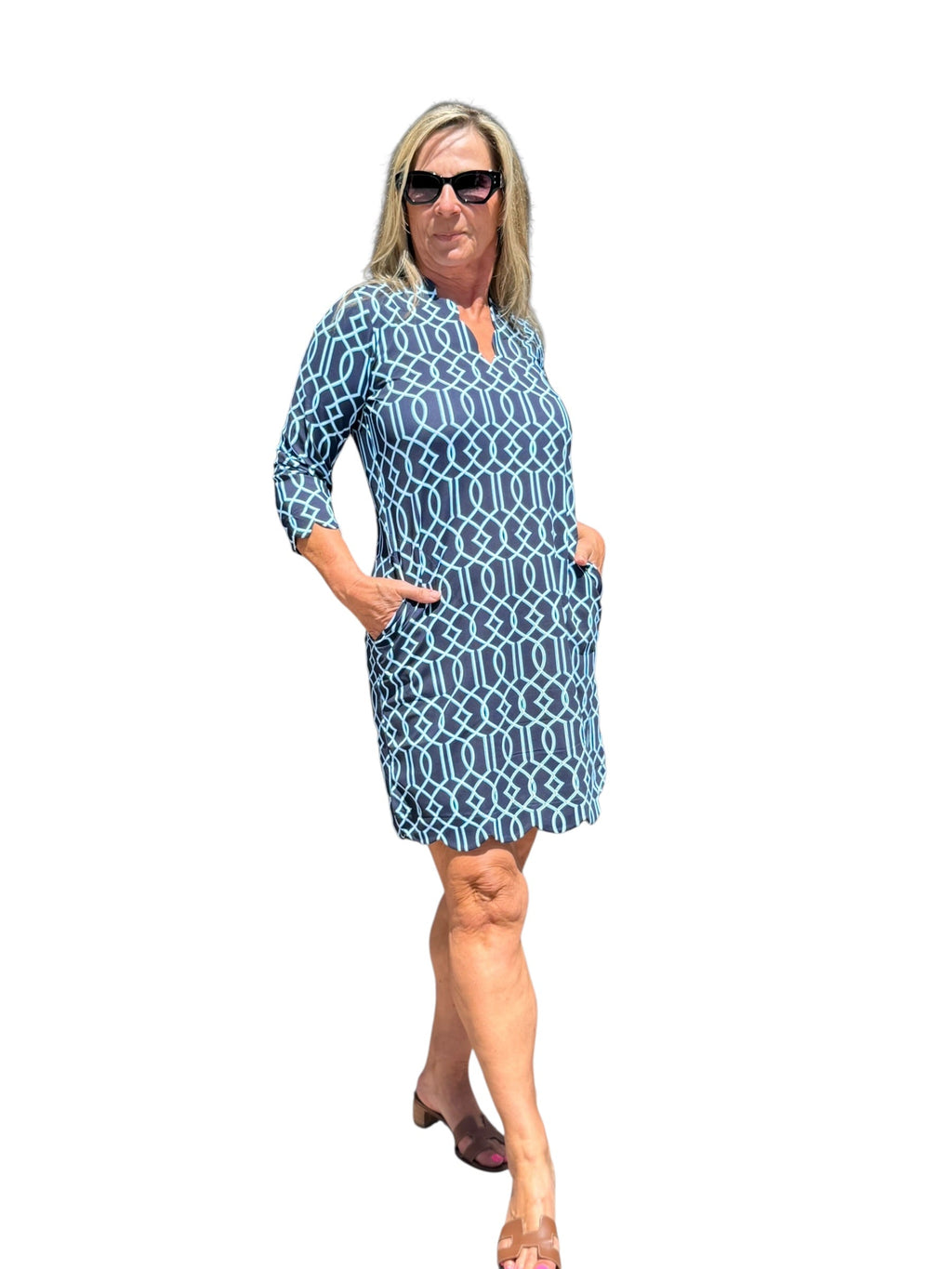 Scalloped 3/4 Sleeve Dress with UPF50+ Geometric Lines Navy - Back of the Bay Boutique