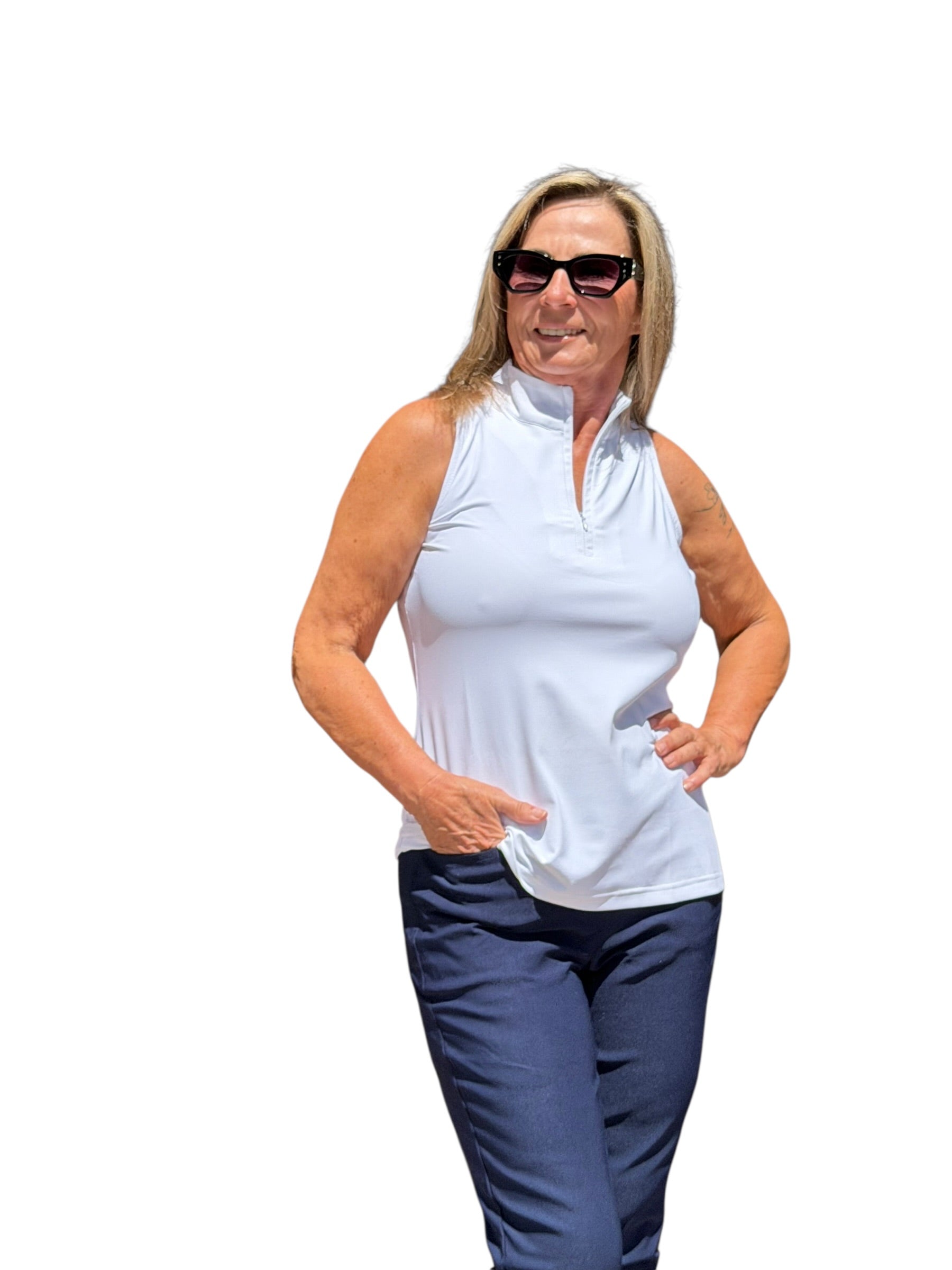 High Zip - Neck Sleeveless Top with UPF50+ White - Back of the Bay Boutique