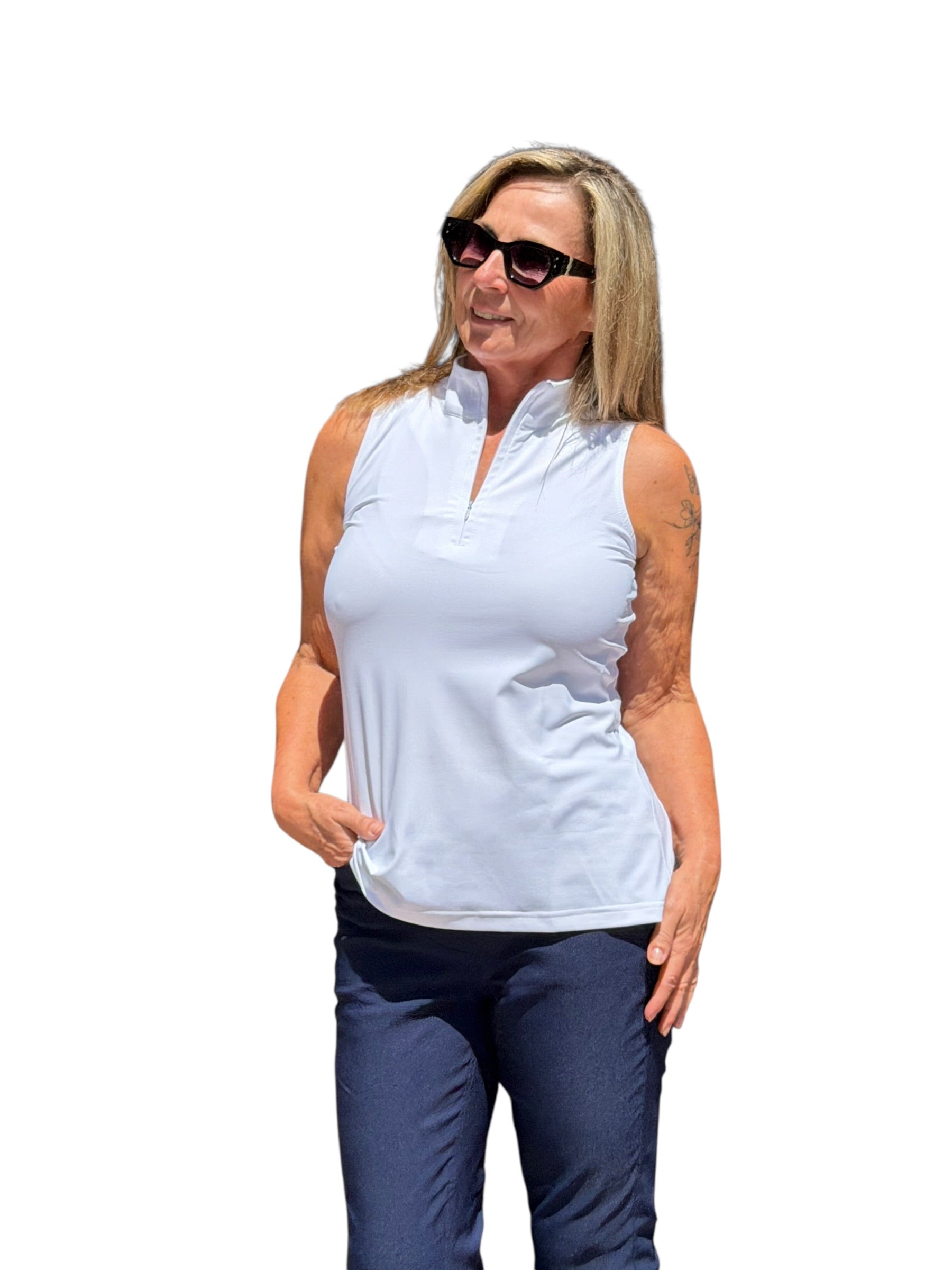 High Zip - Neck Sleeveless Top with UPF50+ White - Back of the Bay Boutique