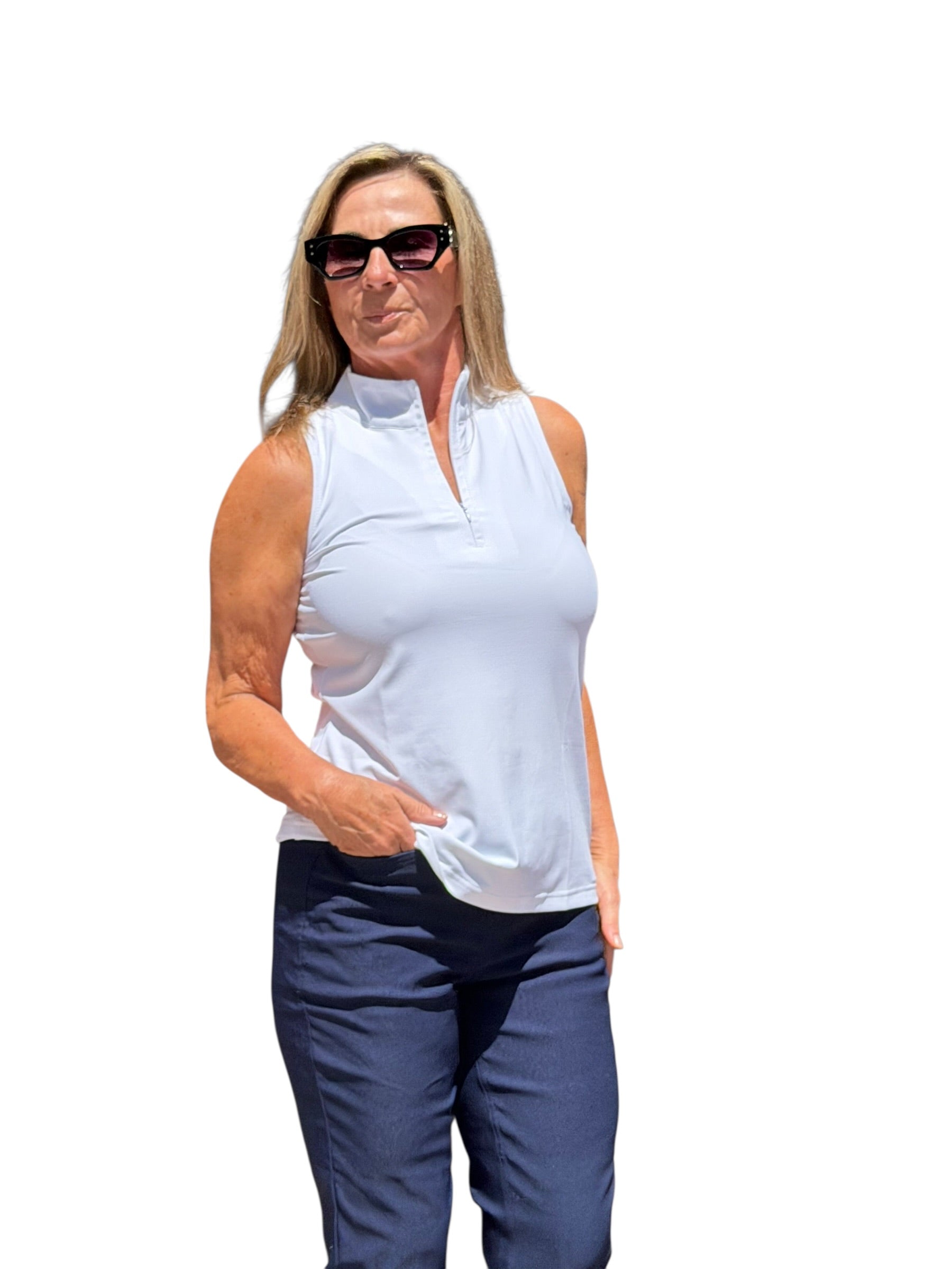 High Zip - Neck Sleeveless Top with UPF50+ White - Back of the Bay Boutique