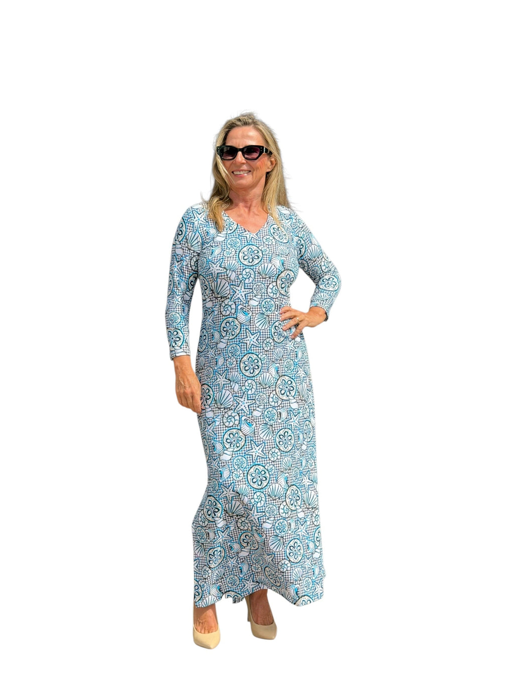 Maxi Elbow - Sleeve Dress with UPF50+ Ocean Shells Black - Back of the Bay Boutique