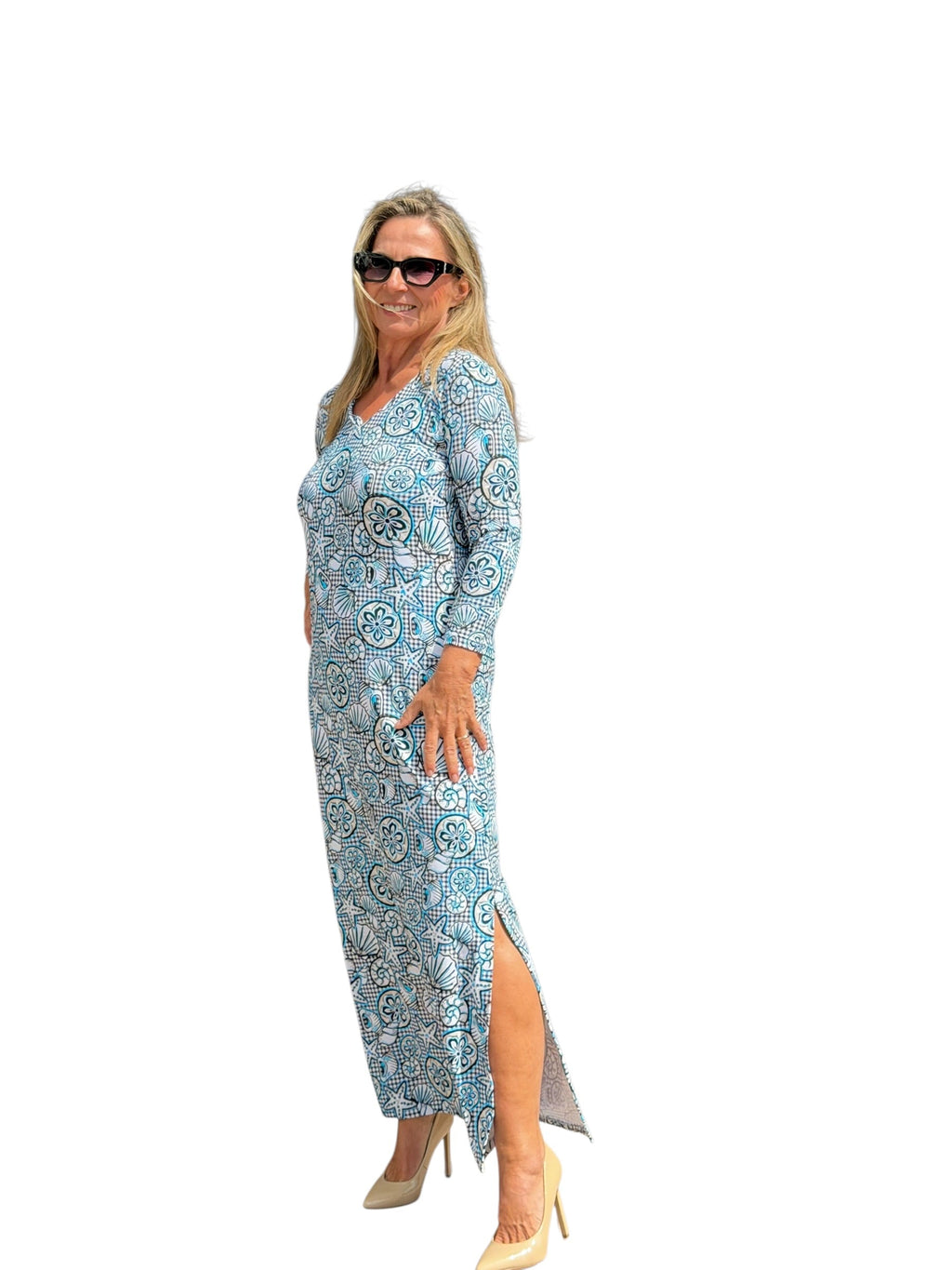 Maxi Elbow - Sleeve Dress with UPF50+ Ocean Shells Black - Back of the Bay Boutique