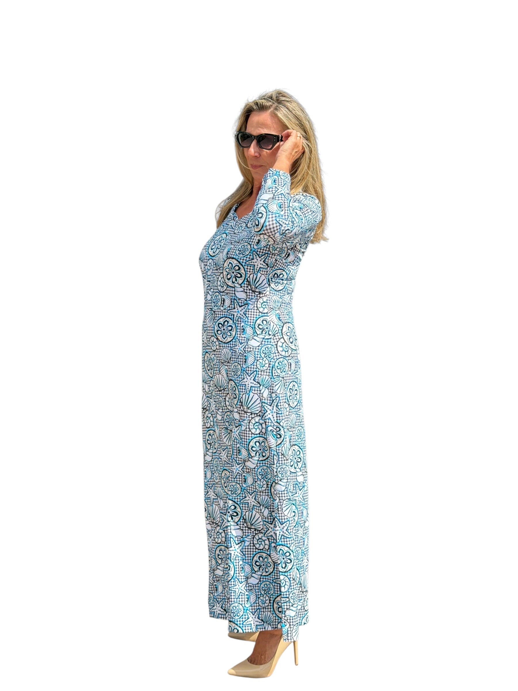 Maxi Elbow - Sleeve Dress with UPF50+ Ocean Shells Black - Back of the Bay Boutique