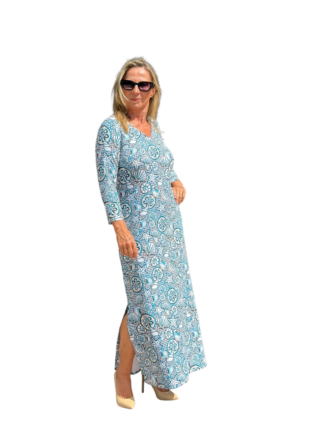 Maxi Elbow - Sleeve Dress with UPF50+ Ocean Shells Black - Back of the Bay Boutique