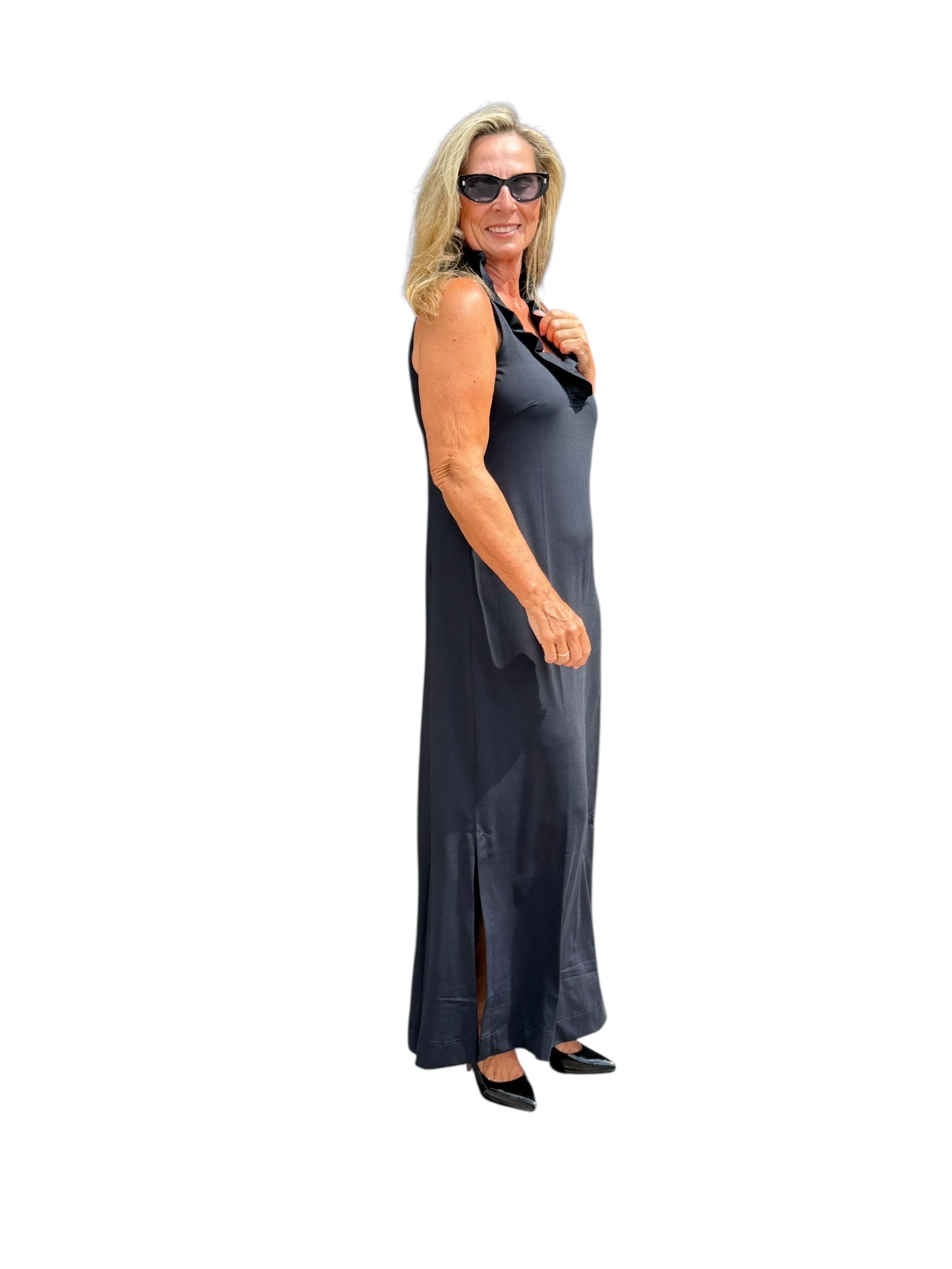 Ruffle - Neck Maxi Dress with UPF50+ Black - Back of the Bay Boutique