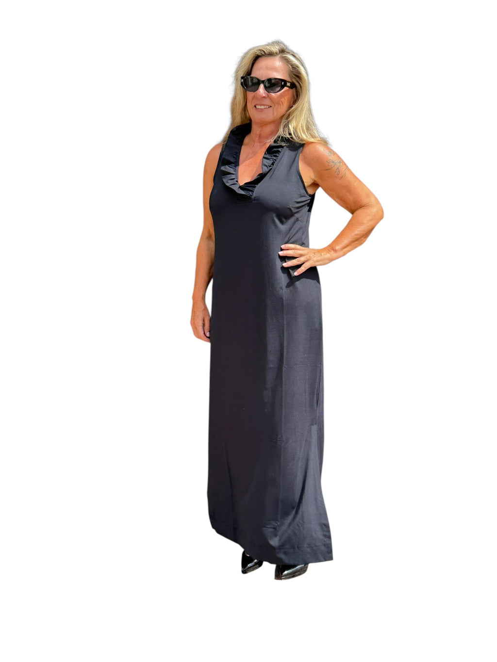 Ruffle - Neck Maxi Dress with UPF50+ Black - Back of the Bay Boutique