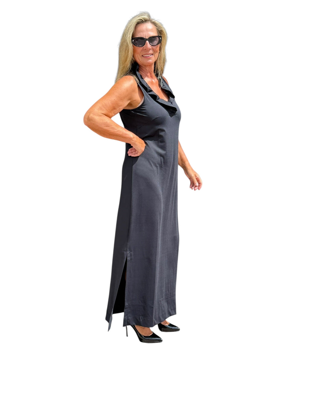 Ruffle - Neck Maxi Dress with UPF50+ Black - Back of the Bay Boutique