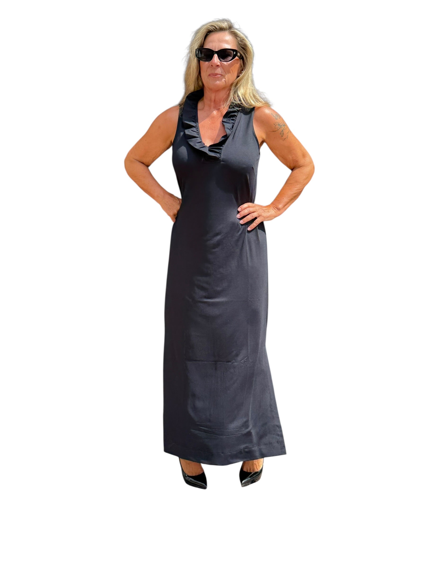 Ruffle - Neck Maxi Dress with UPF50+ Black - Back of the Bay Boutique