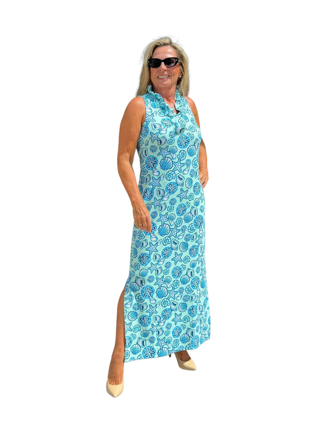 Ruffle - Neck Maxi Dress with UPF50+ Ocean Shells Blue - Back of the Bay Boutique