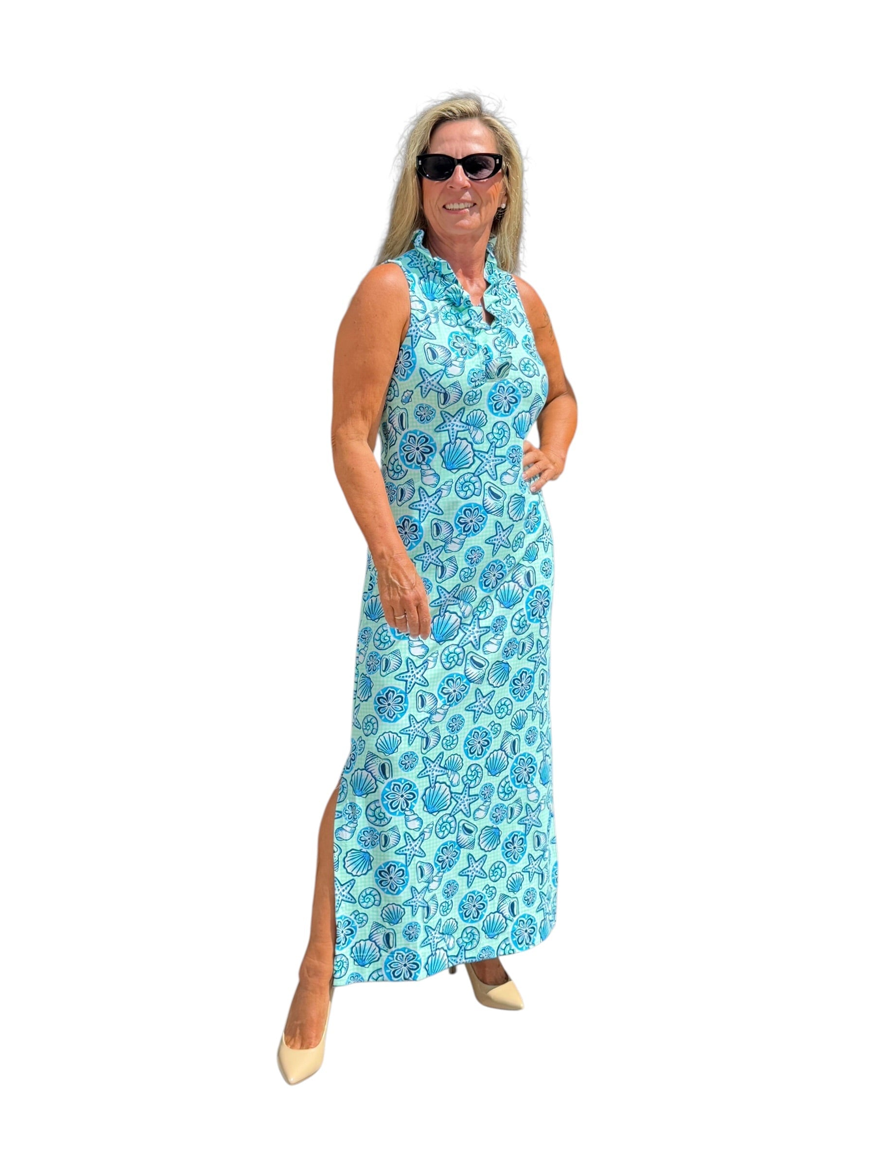Ruffle - Neck Maxi Dress with UPF50+ Ocean Shells Blue - Back of the Bay Boutique