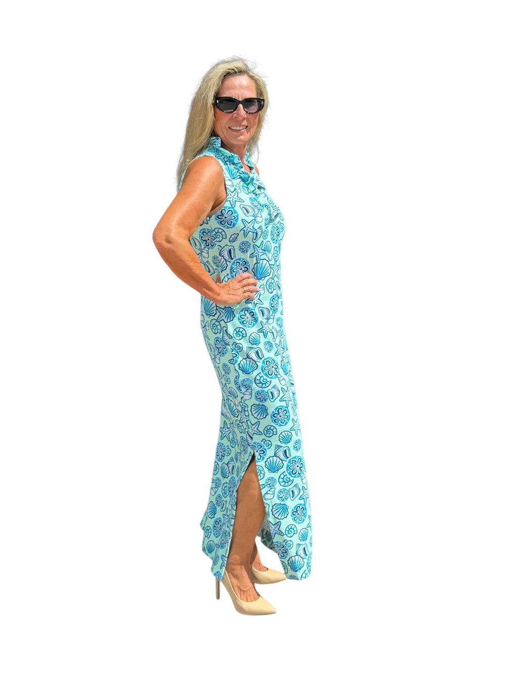 Ruffle - Neck Maxi Dress with UPF50+ Ocean Shells Blue - Back of the Bay Boutique