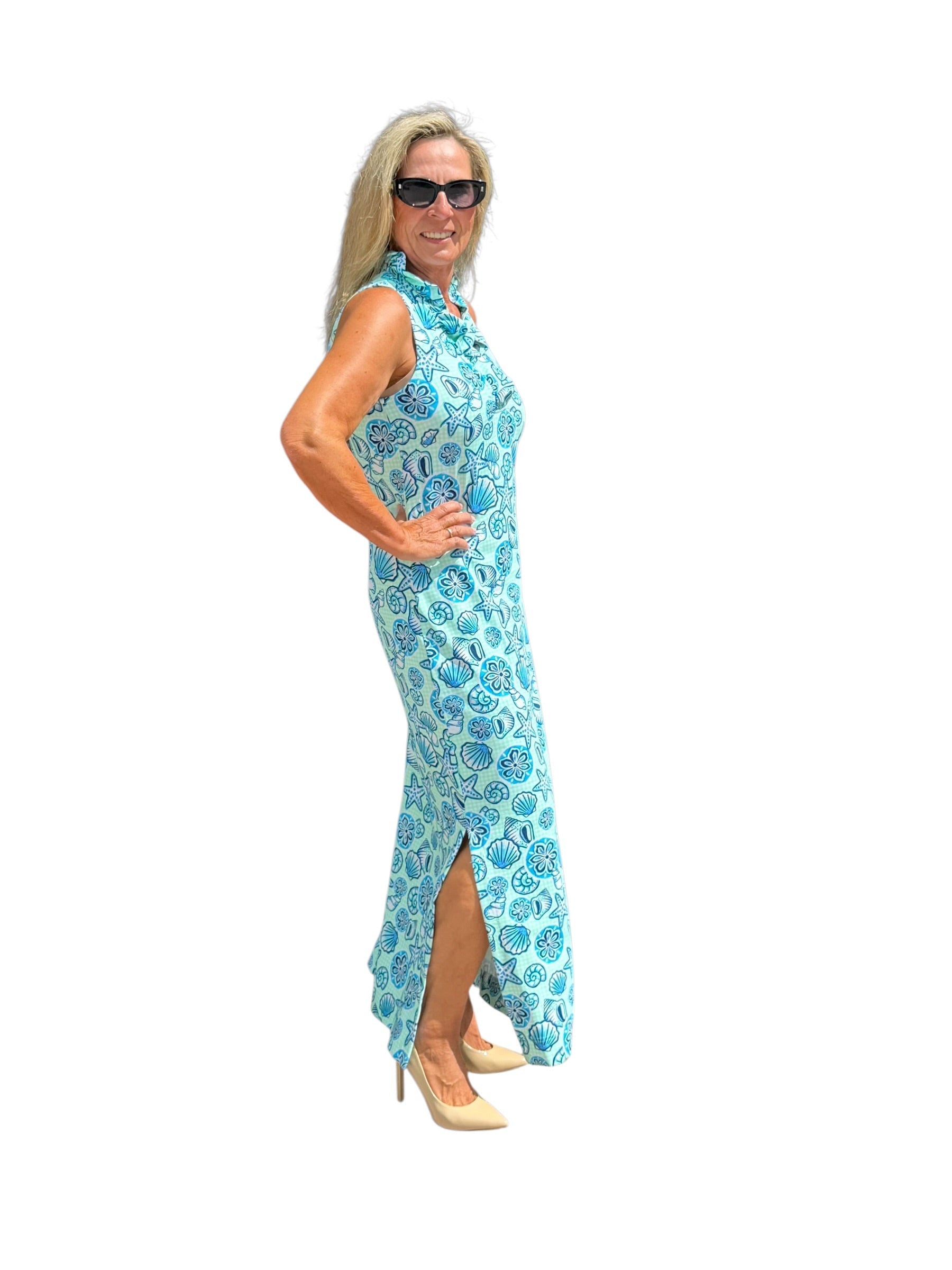 Ruffle - Neck Maxi Dress with UPF50+ Ocean Shells Blue - Back of the Bay Boutique