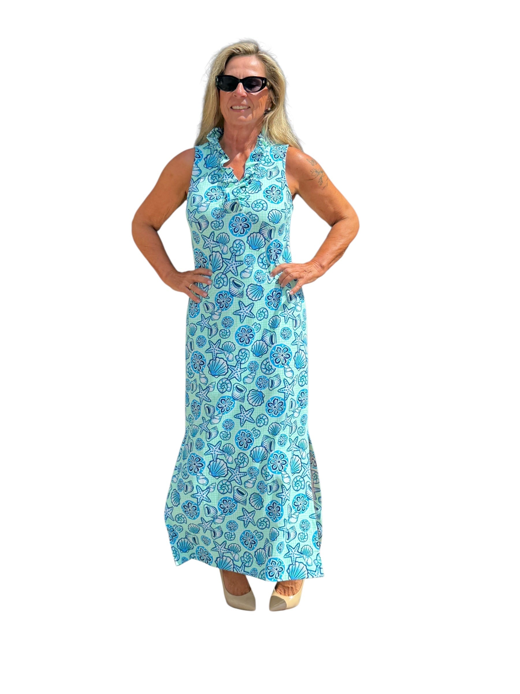Ruffle - Neck Maxi Dress with UPF50+ Ocean Shells Blue - Back of the Bay Boutique