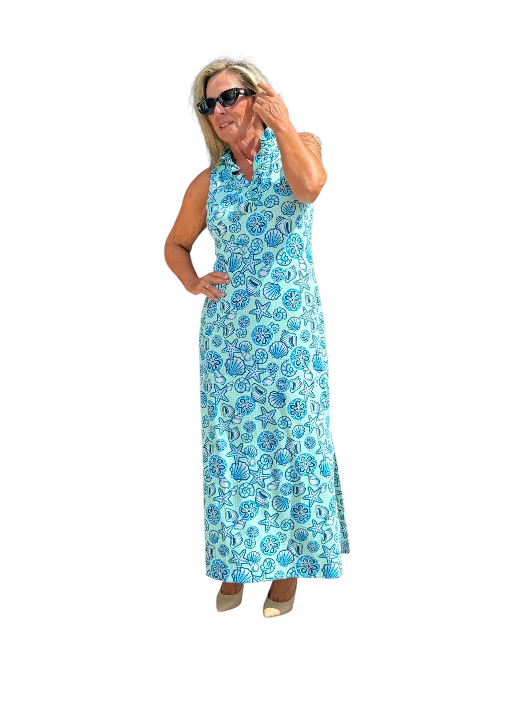 Ruffle - Neck Maxi Dress with UPF50+ Ocean Shells Blue - Back of the Bay Boutique