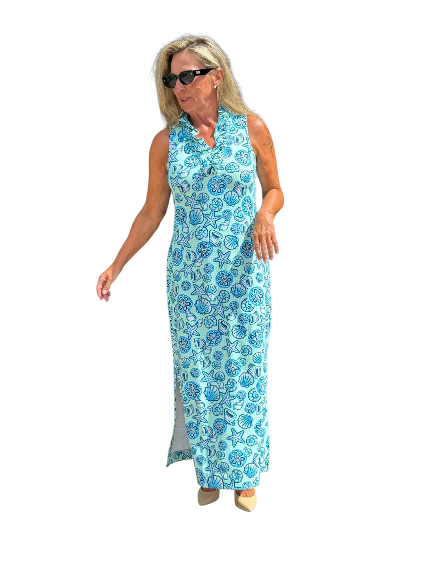 Ruffle - Neck Maxi Dress with UPF50+ Ocean Shells Blue - Back of the Bay Boutique