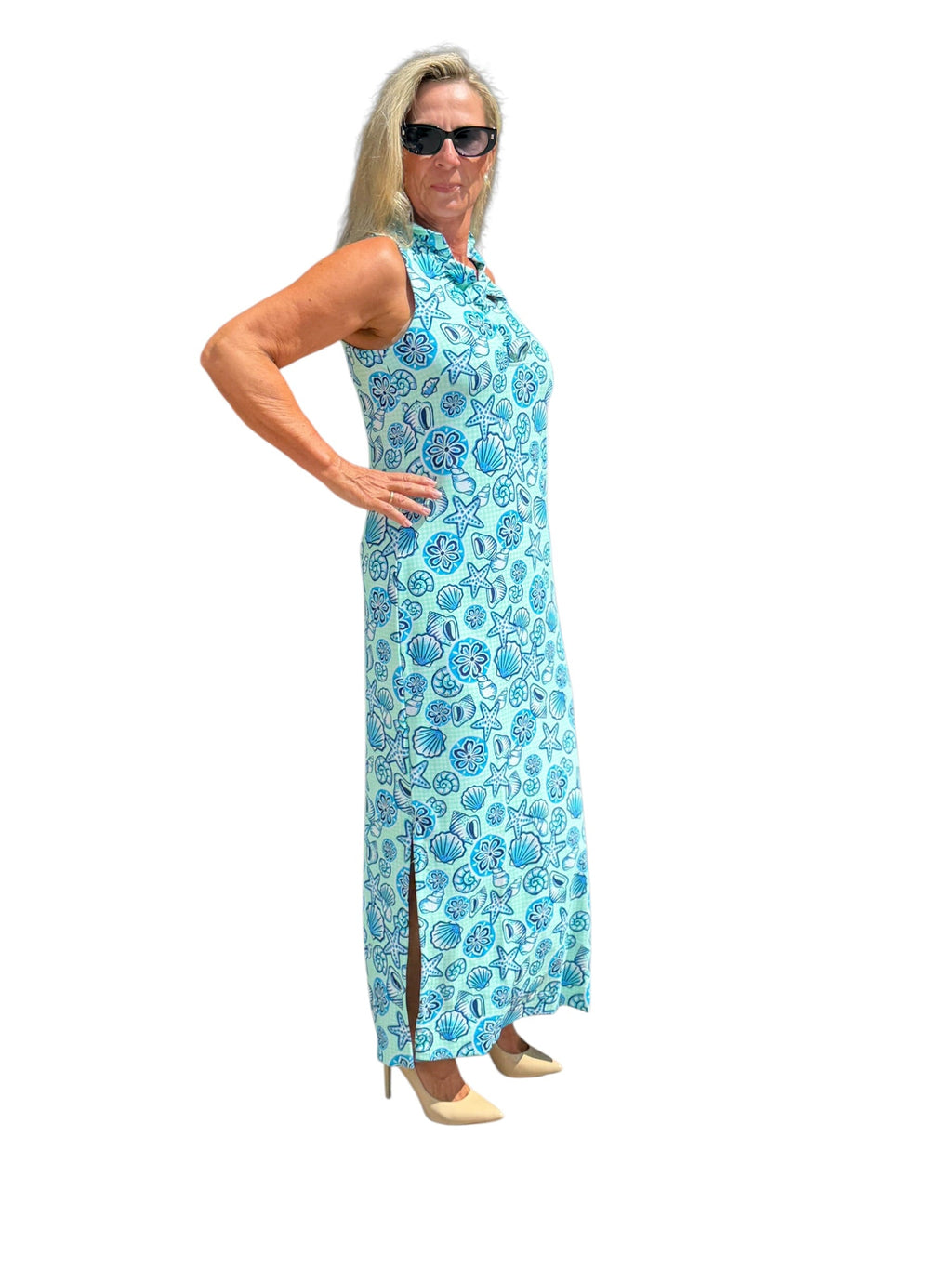 Ruffle - Neck Maxi Dress with UPF50+ Ocean Shells Blue - Back of the Bay Boutique