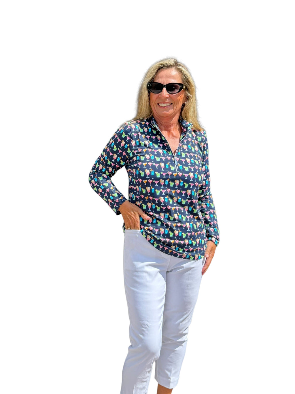 High Zip - Neck Long Sleeve Top with UPF50+ Happy Hour - Back of the Bay Boutique