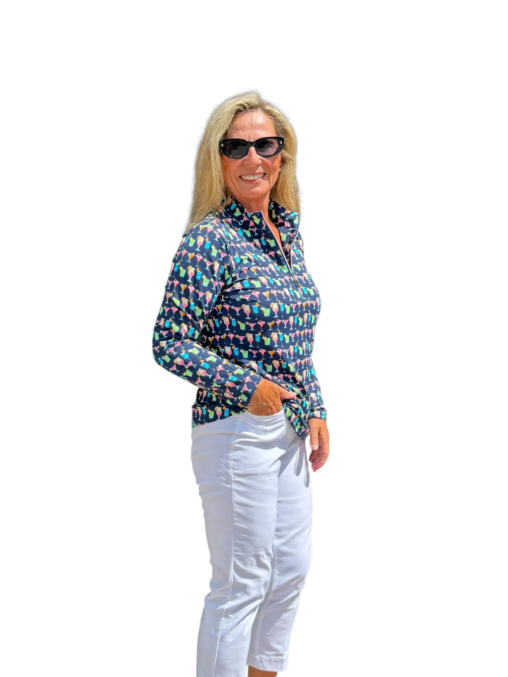 High Zip - Neck Long Sleeve Top with UPF50+ Happy Hour - Back of the Bay Boutique